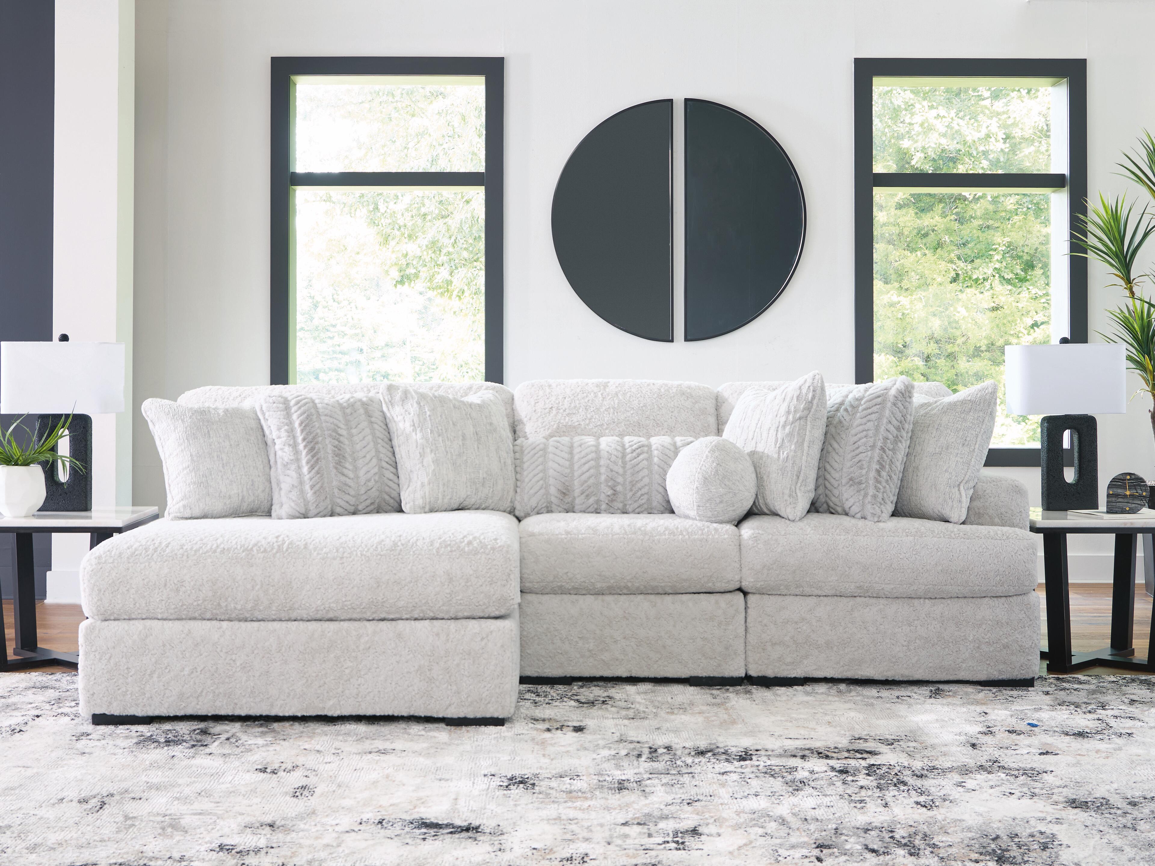 Cuddle Plush 3-Piece Sectional with LAF Chaise in Arctic Chenille and Velvet