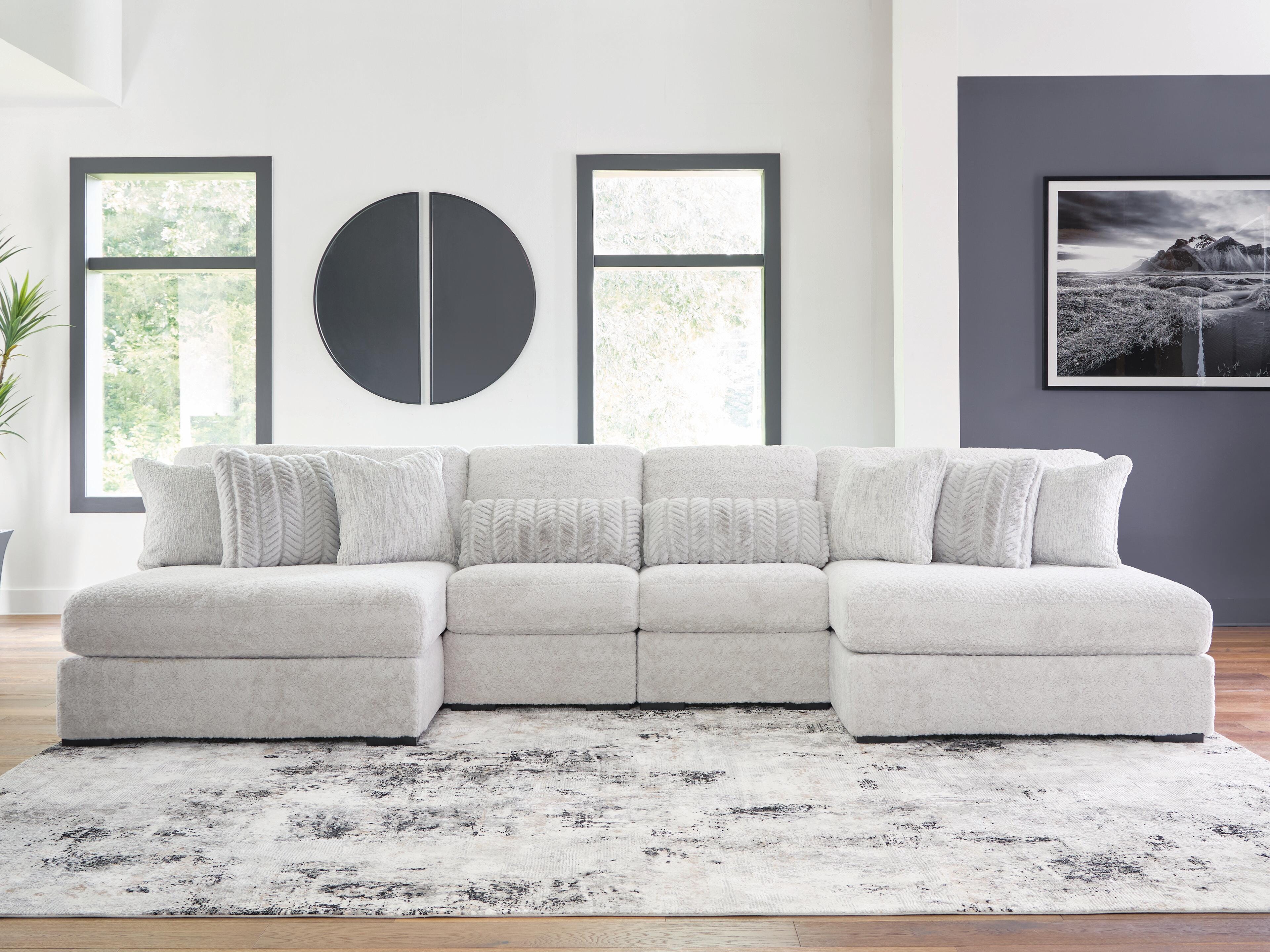 Cuddle Plush 4-Piece Sectional with Chaise in Arctic Chenille and Velvet