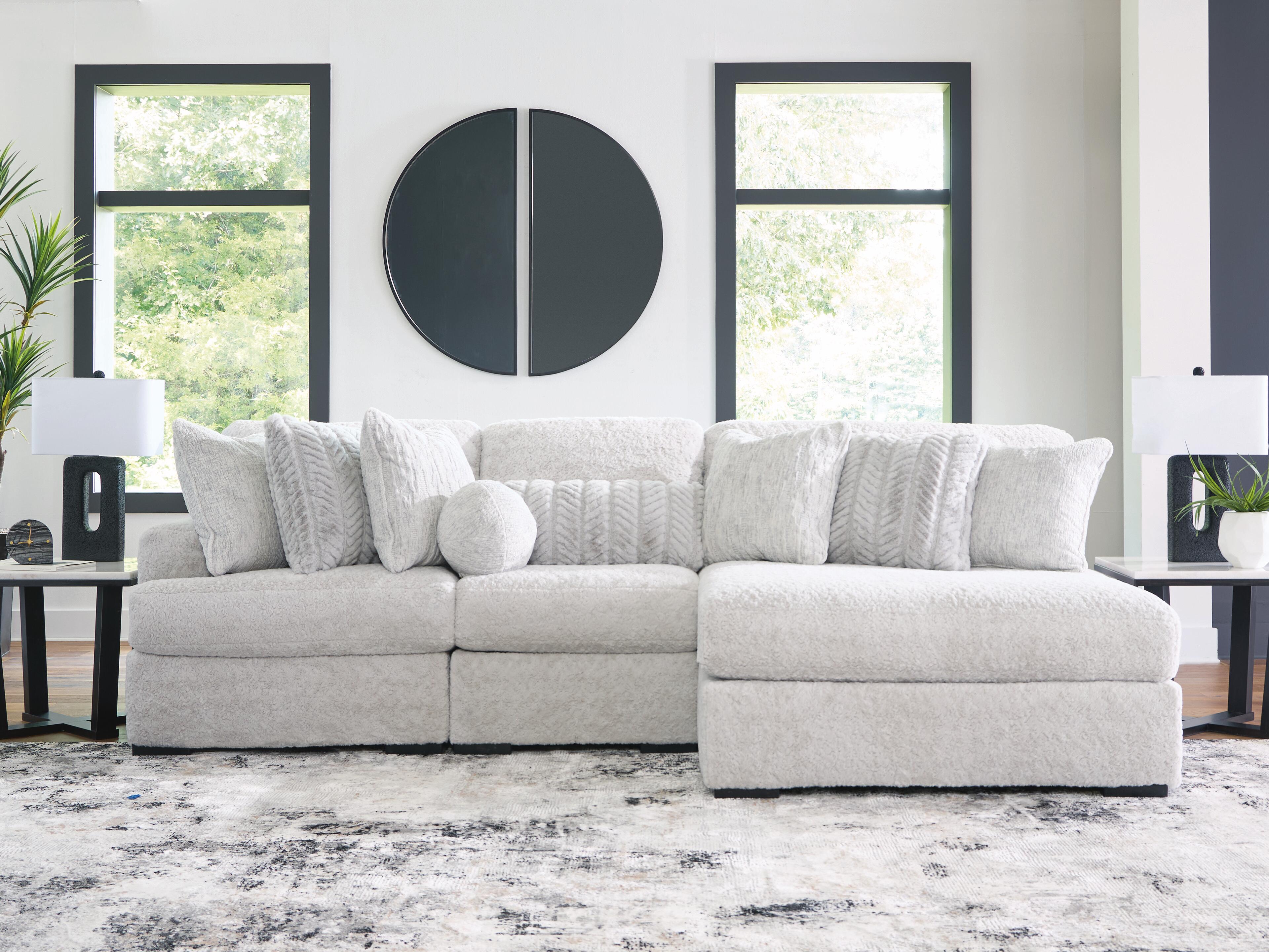Cuddle Plush 3-Piece Sectional with RAF Chaise in Arctic Chenille and Velvet