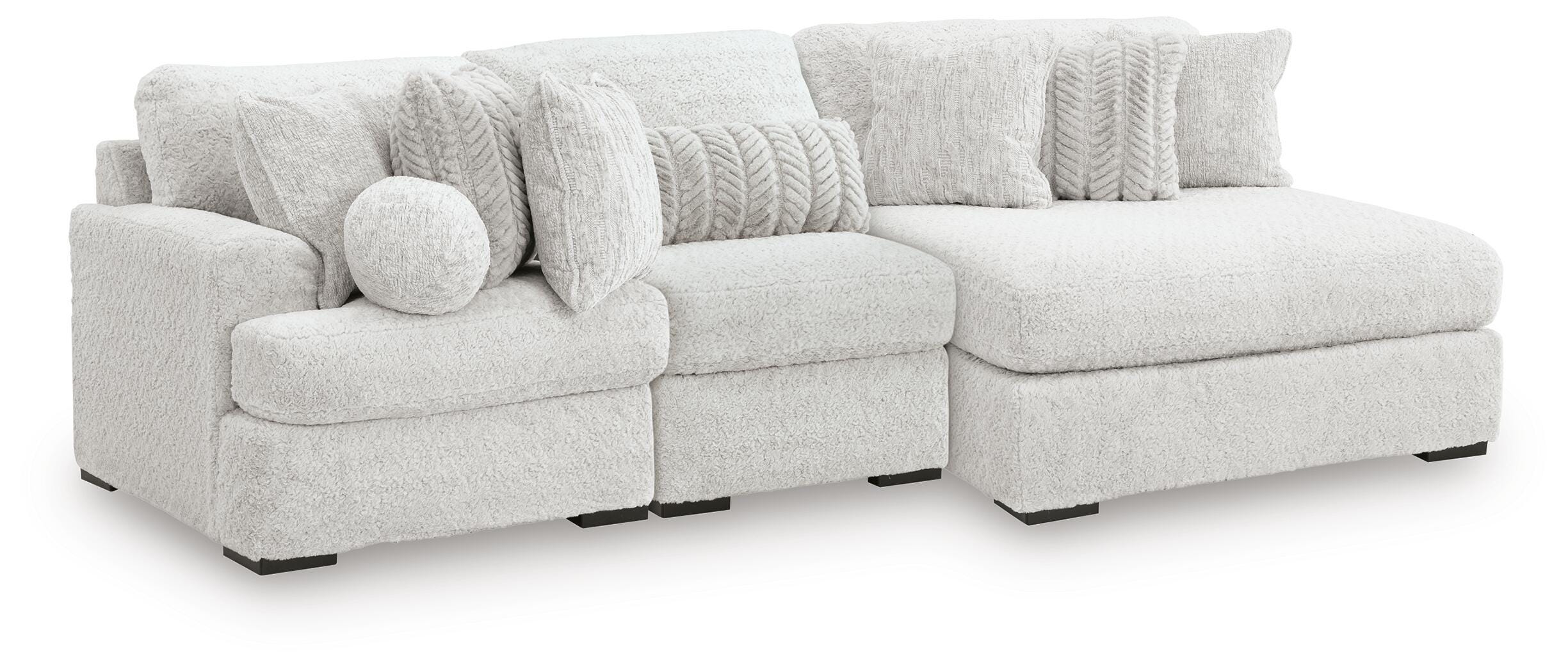 Cuddle Plush 3-Piece Sectional with RAF Chaise in Arctic Chenille and Velvet