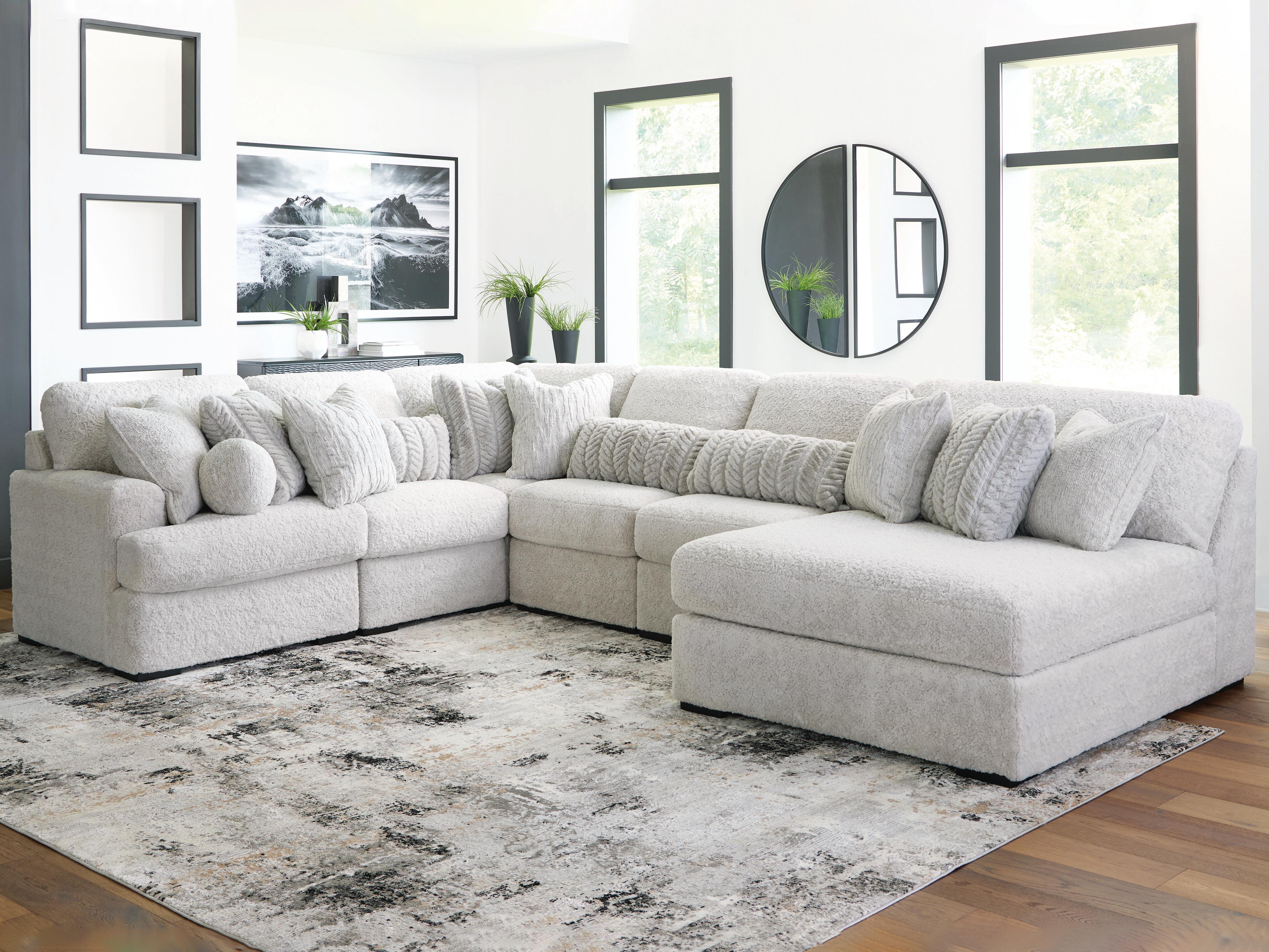 Cuddle Plush 6-Piece Sectional with Chaise in Arctic Chenille and Velvet