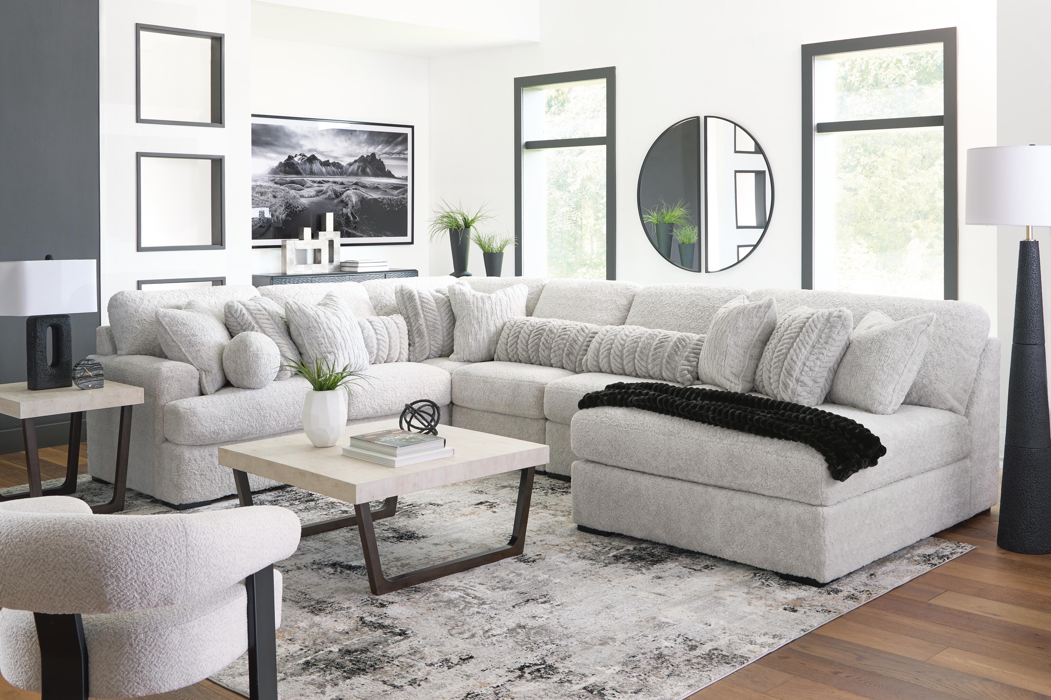 Cuddle Plush 6-Piece Sectional with Chaise in Arctic Chenille and Velvet