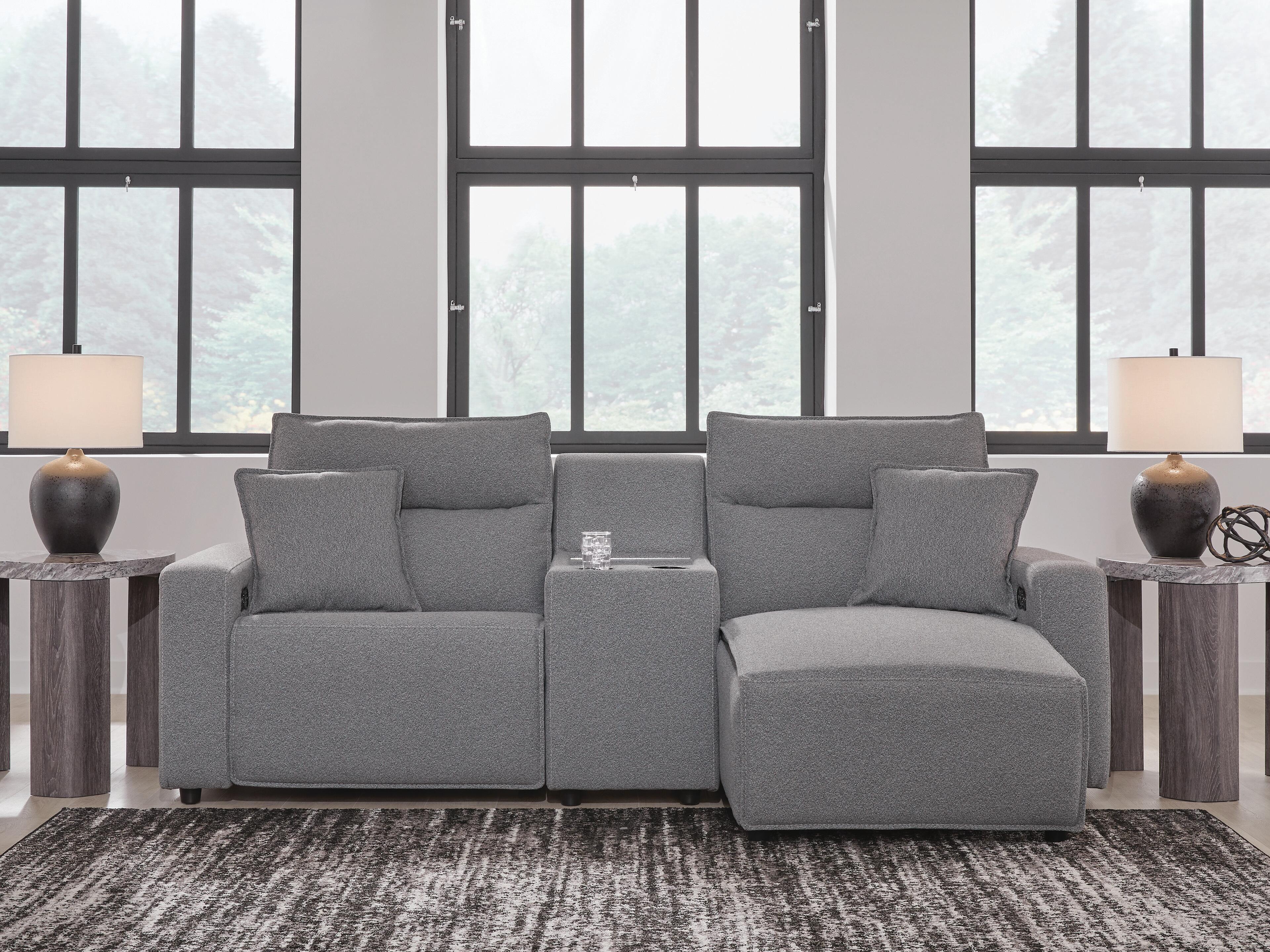 Modmax II 3-Piece RAF Chaise Power Reclining Sectional and Console in Salt and Pepper Next-Gen Nuvella