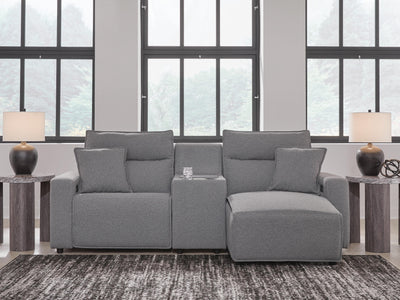 Modmax II 3-Piece RAF Chaise Power Reclining Sectional and Console in Salt and Pepper Next-Gen Nuvella
