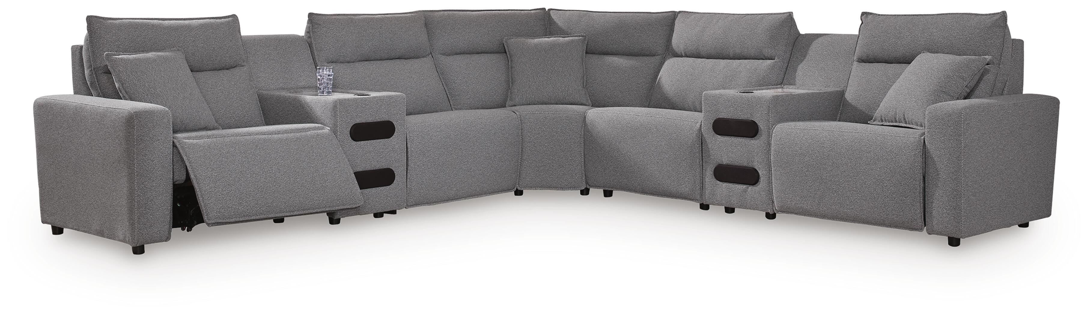 Modmax II 7-Piece Power Reclining Sectional w/ Audio Consoles in Salt and Pepper Next-Gen Nuvella