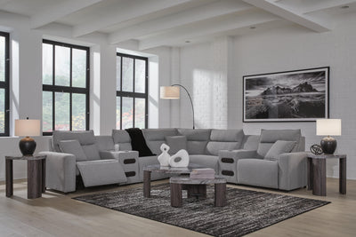 Modmax II 7-Piece Power Reclining Sectional w/ Audio Consoles in Salt and Pepper Next-Gen Nuvella
