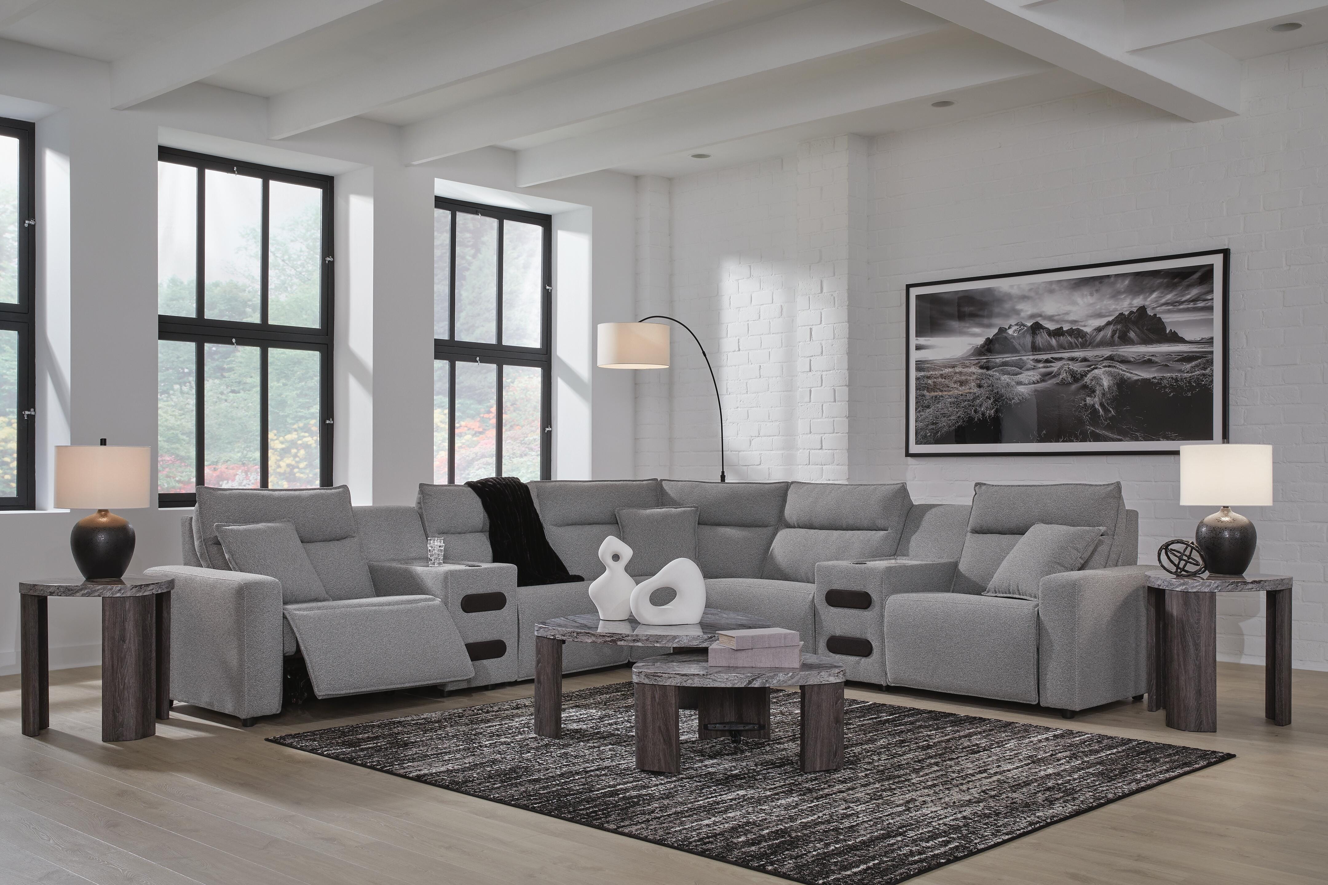 Modmax II 7-Piece Power Reclining Sectional w/ Audio Consoles in Salt and Pepper Next-Gen Nuvella