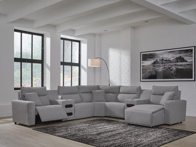 Modmax II 7-Piece RAF Chaise Power Reclining Sectional and Audio Consoles in Salt and Pepper Next-Gen Nuvella
