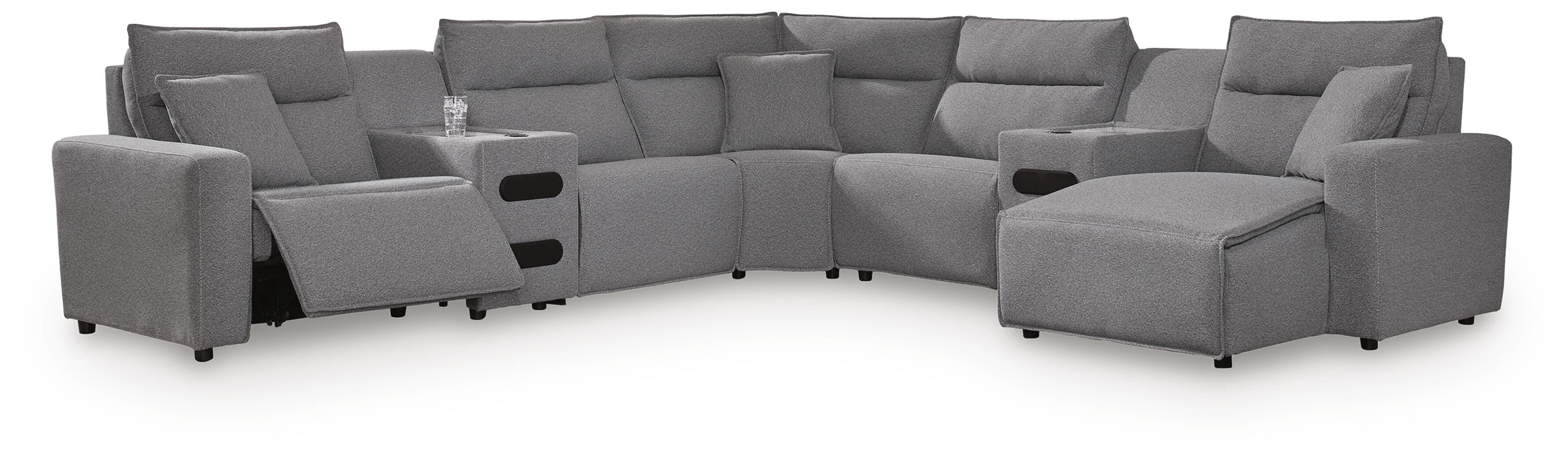 Modmax II 7-Piece RAF Chaise Power Reclining Sectional and Audio Consoles in Salt and Pepper Next-Gen Nuvella