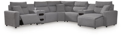 Modmax II 7-Piece RAF Chaise Power Reclining Sectional and Audio Consoles in Salt and Pepper Next-Gen Nuvella