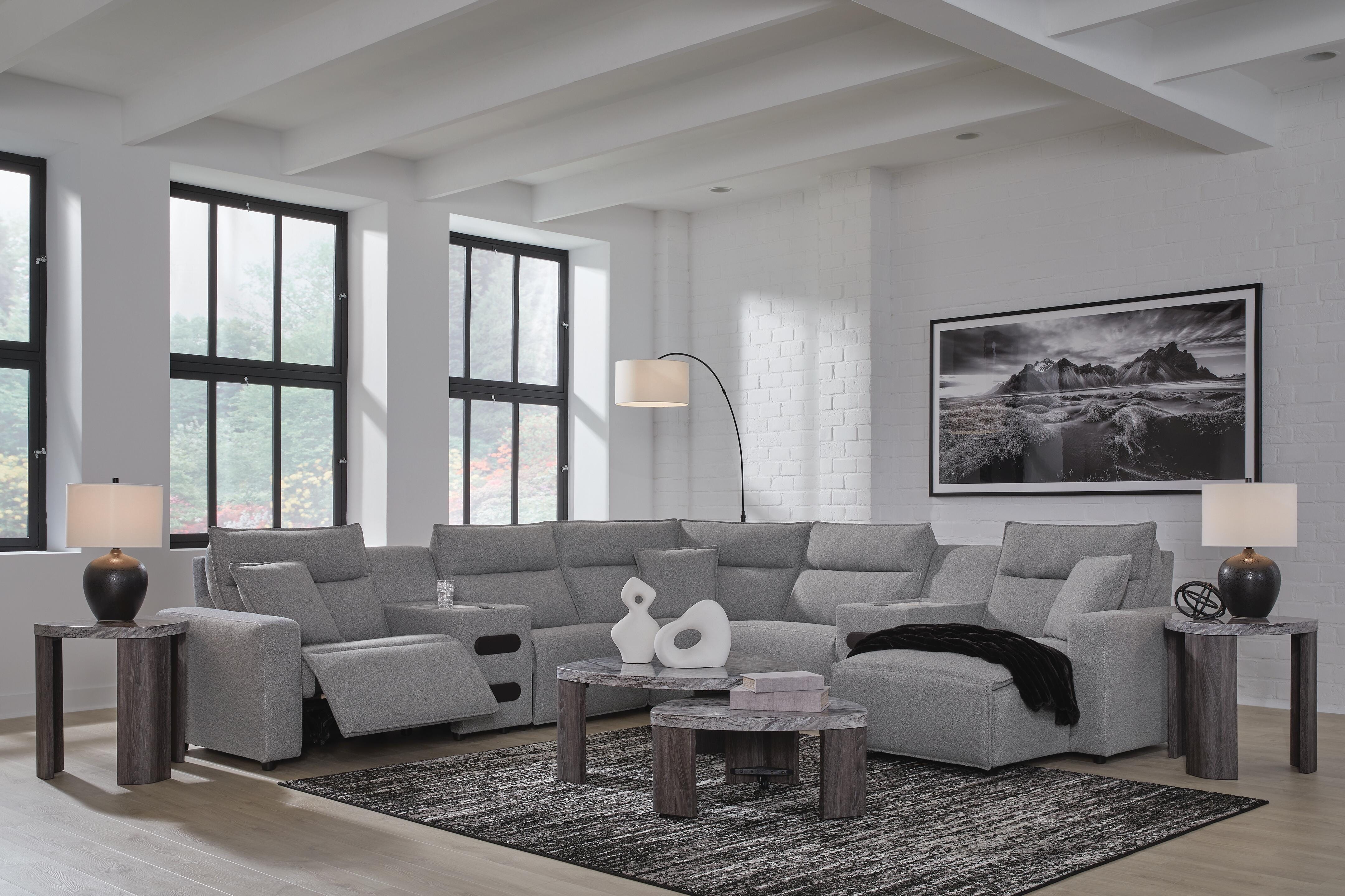 Modmax II 7-Piece RAF Chaise Power Reclining Sectional and Audio Consoles in Salt and Pepper Next-Gen Nuvella