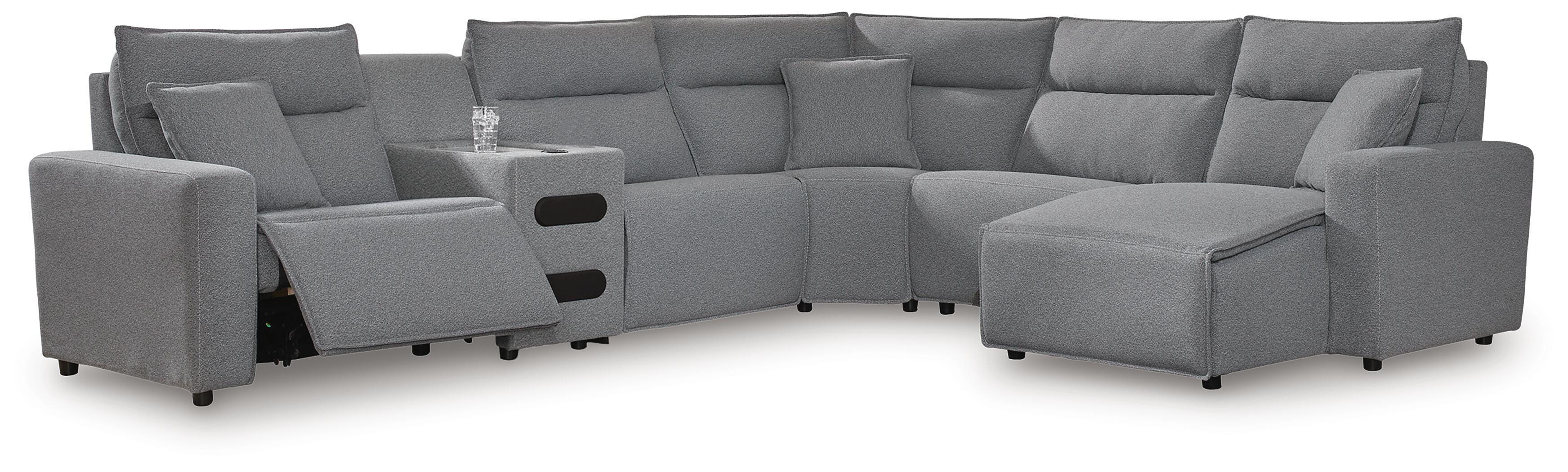 Modmax II 6-Piece RAF Chaise Reclining Sectional and Audio Console in Salt and Pepper Next-Gen Nuvella