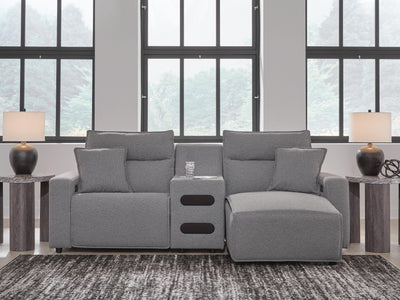 Modmax II 3-Piece RAF Chaise Power Reclining Sectional and Audio Console in Salt and Pepper Next-Gen Nuvella