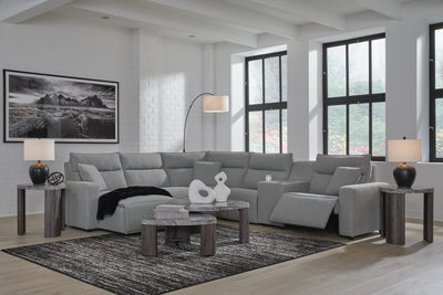 Modmax II 6-Piece LAF Chaise Power Reclining Sectional and Console in Salt and Pepper Next-Gen Nuvella