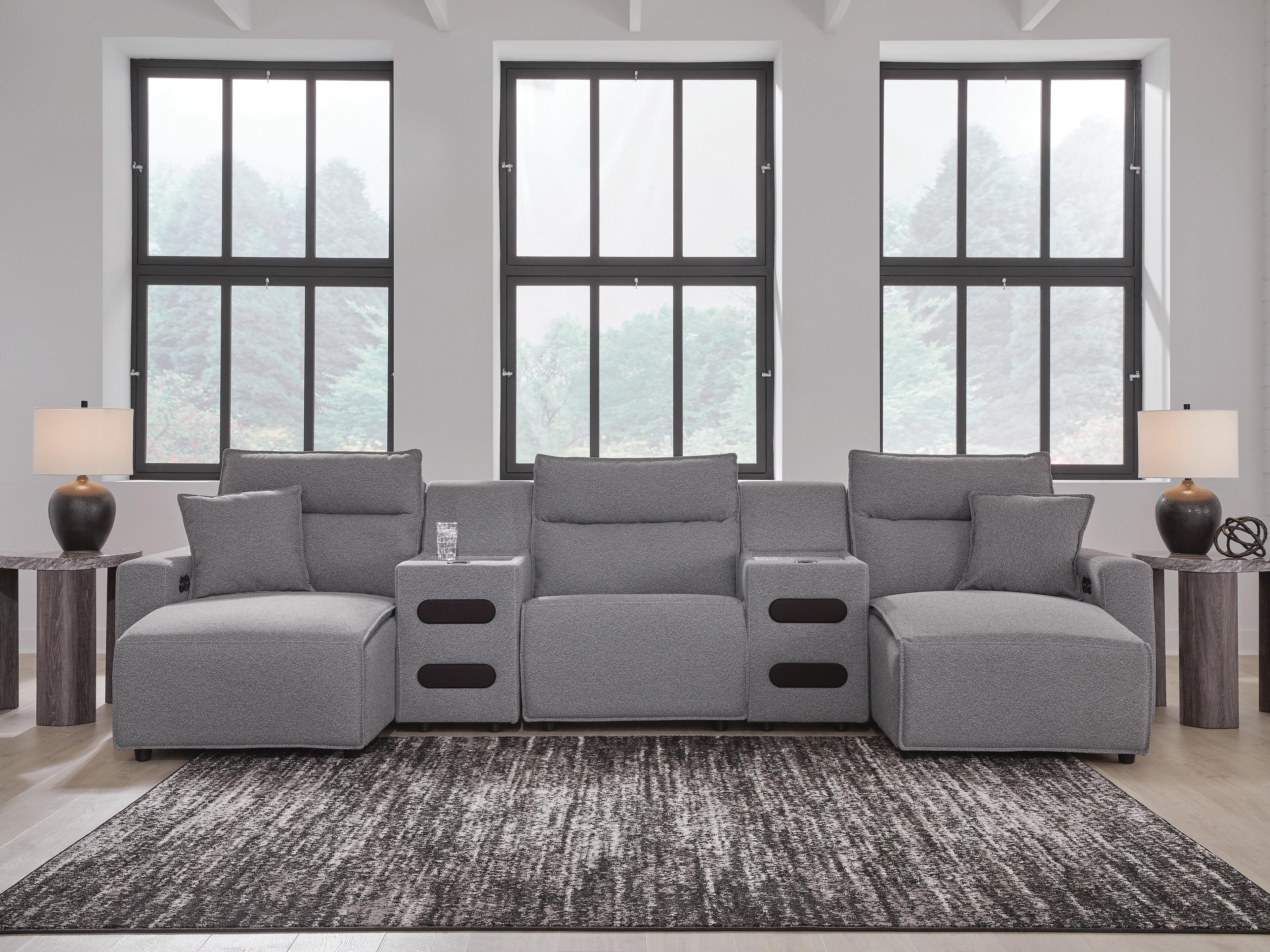 Modmax II 5-Piece Double Chaise Power Reclining Sectional and Audio Consoles in Salt and Pepper Next-Gen Nuvella