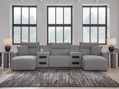 Modmax II 5-Piece Double Chaise Power Reclining Sectional and Audio Consoles in Salt and Pepper Next-Gen Nuvella