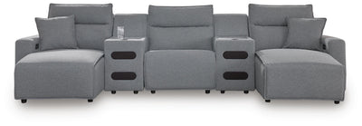 Modmax II 5-Piece Double Chaise Power Reclining Sectional and Audio Consoles in Salt and Pepper Next-Gen Nuvella