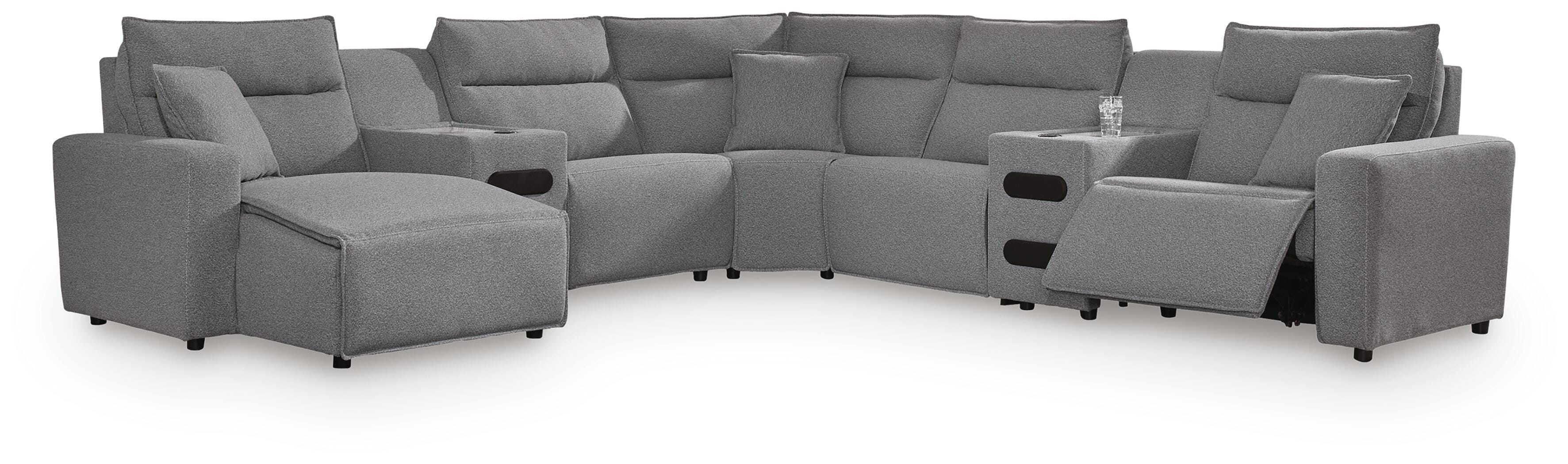 Modmax II 7-Piece LAF Chaise Power Reclining Sectional and Audio Consoles in Salt and Pepper Next-Gen Nuvella