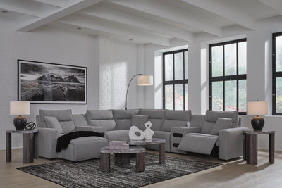 Modmax II 7-Piece LAF Chaise Power Reclining Sectional and Audio Consoles in Salt and Pepper Next-Gen Nuvella