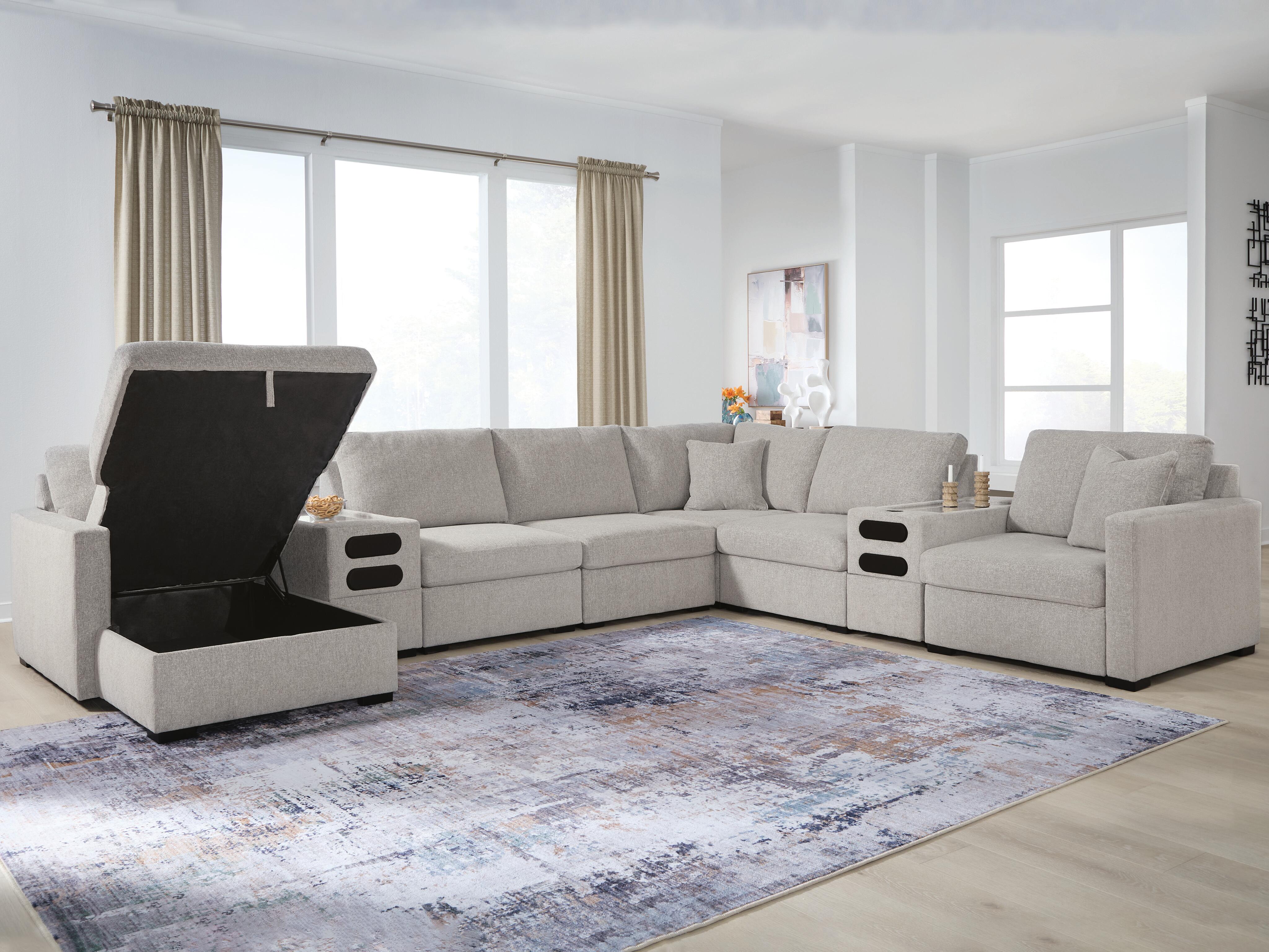 ModMax Luxe 8-Piece Sectional with Storage Chaise and Audio Consoles in Flint