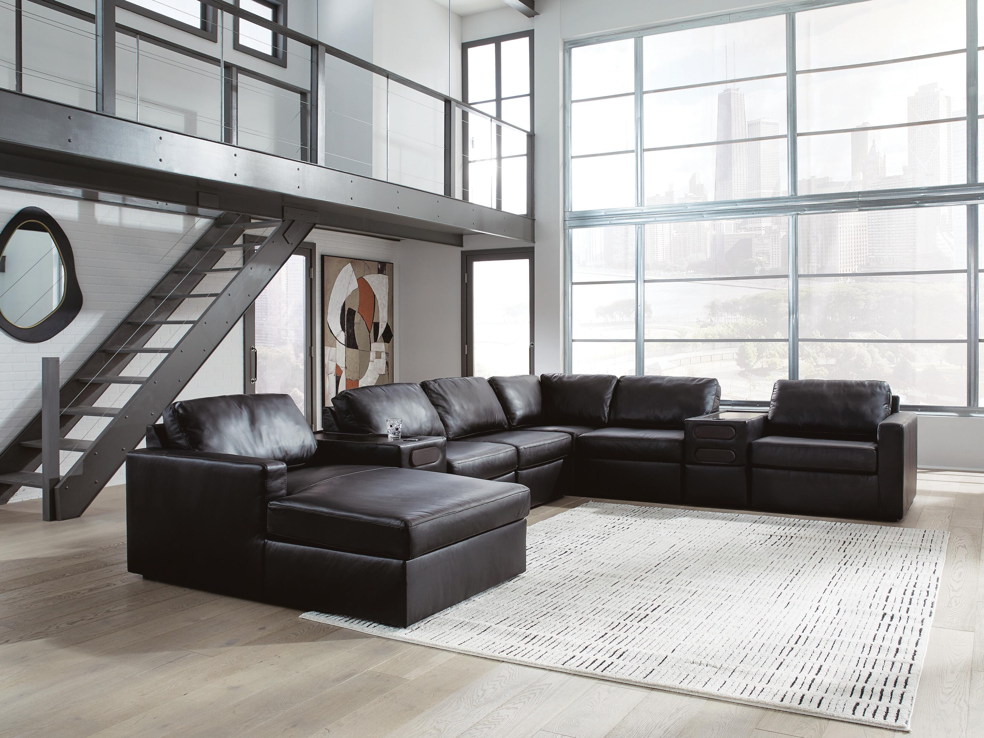 Modmax II 8-Piece LAF Chaise Sectional and Audio Consoles in Black Leather