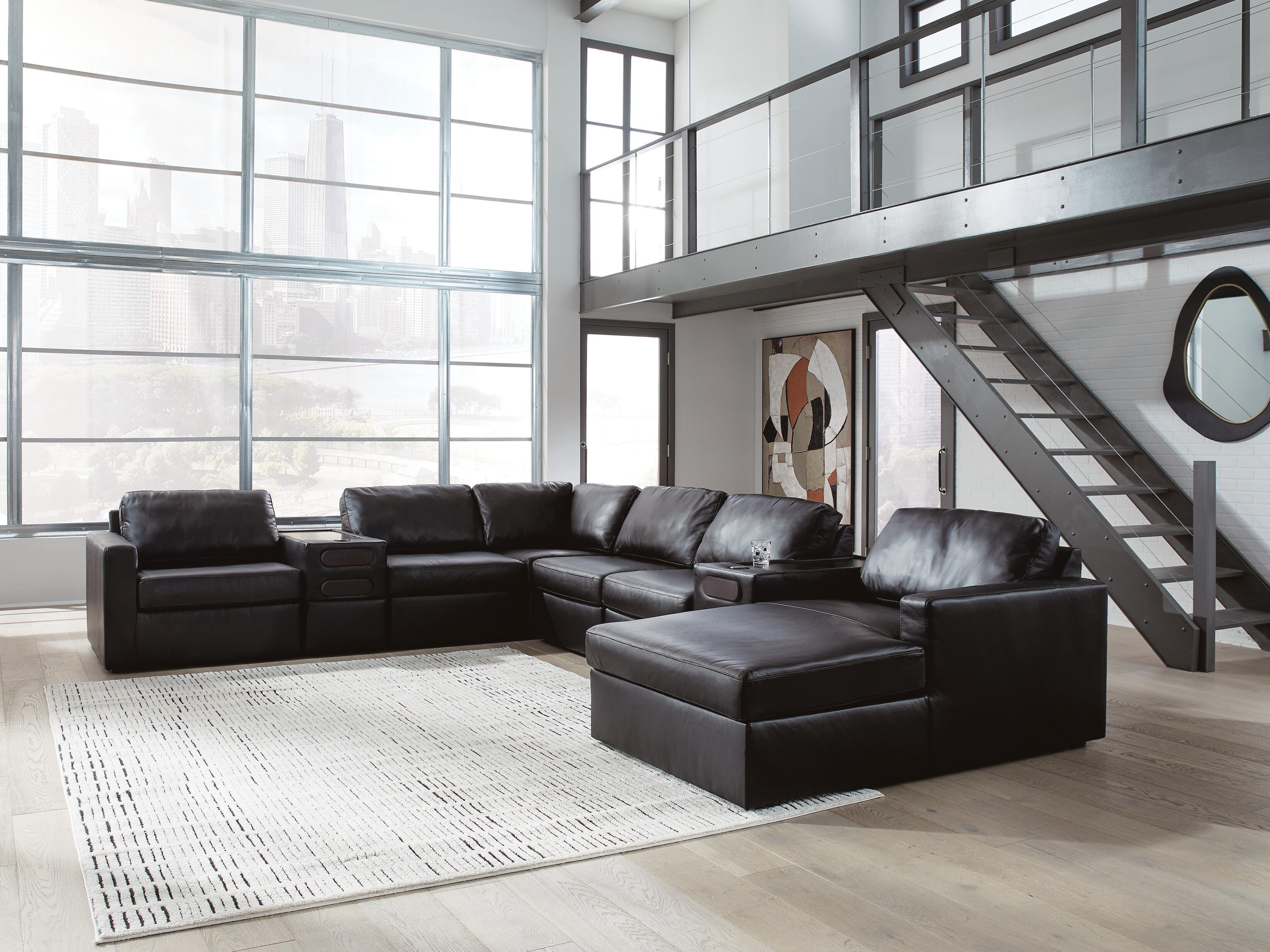 Modmax II 8-Piece RAF Chaise Sectional and Audio Consoles in Black Leather