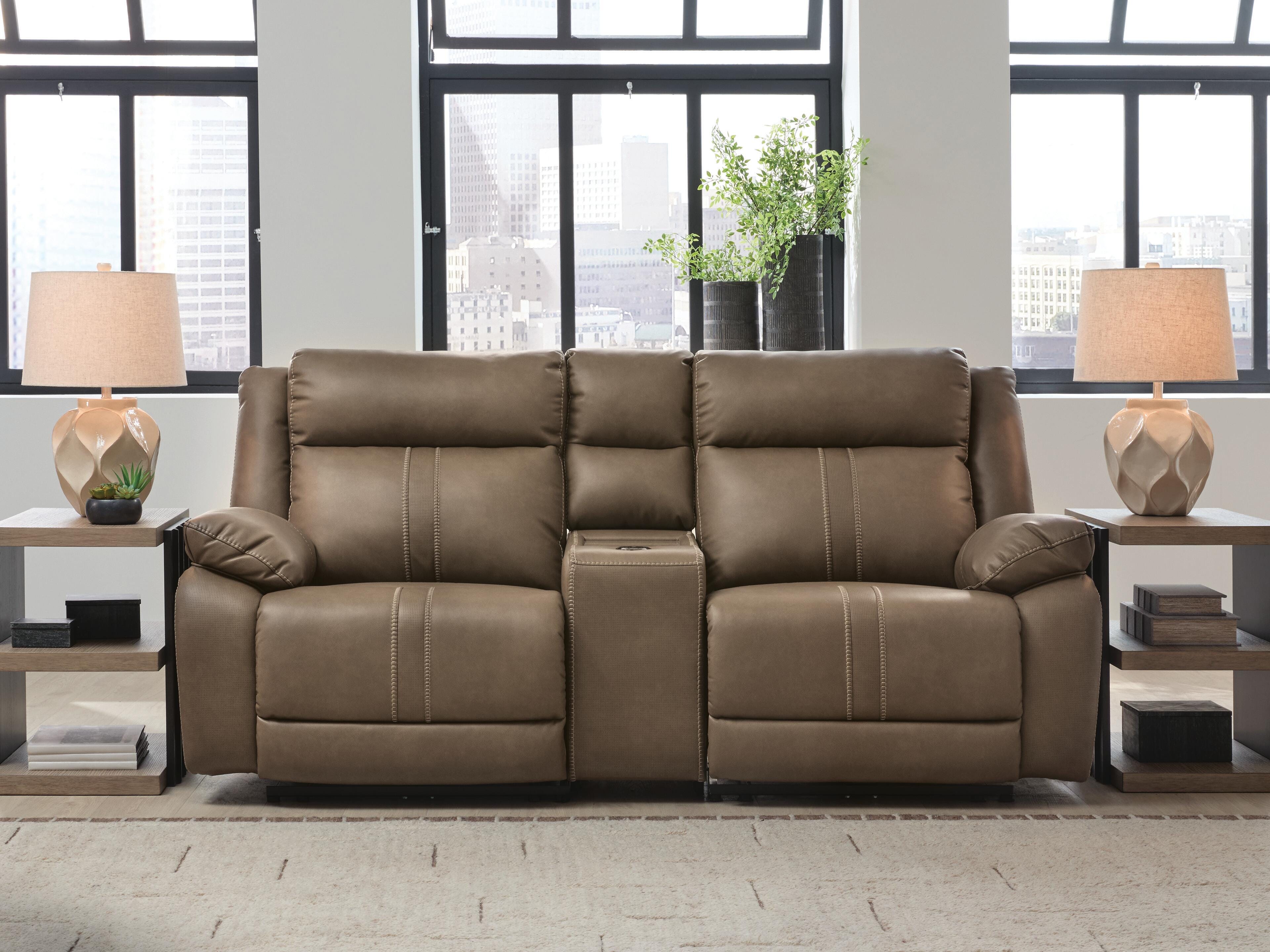 Max-Momentum 3-Piece Power Reclining Sectional Loveseat with Audio Console in Biscotti
