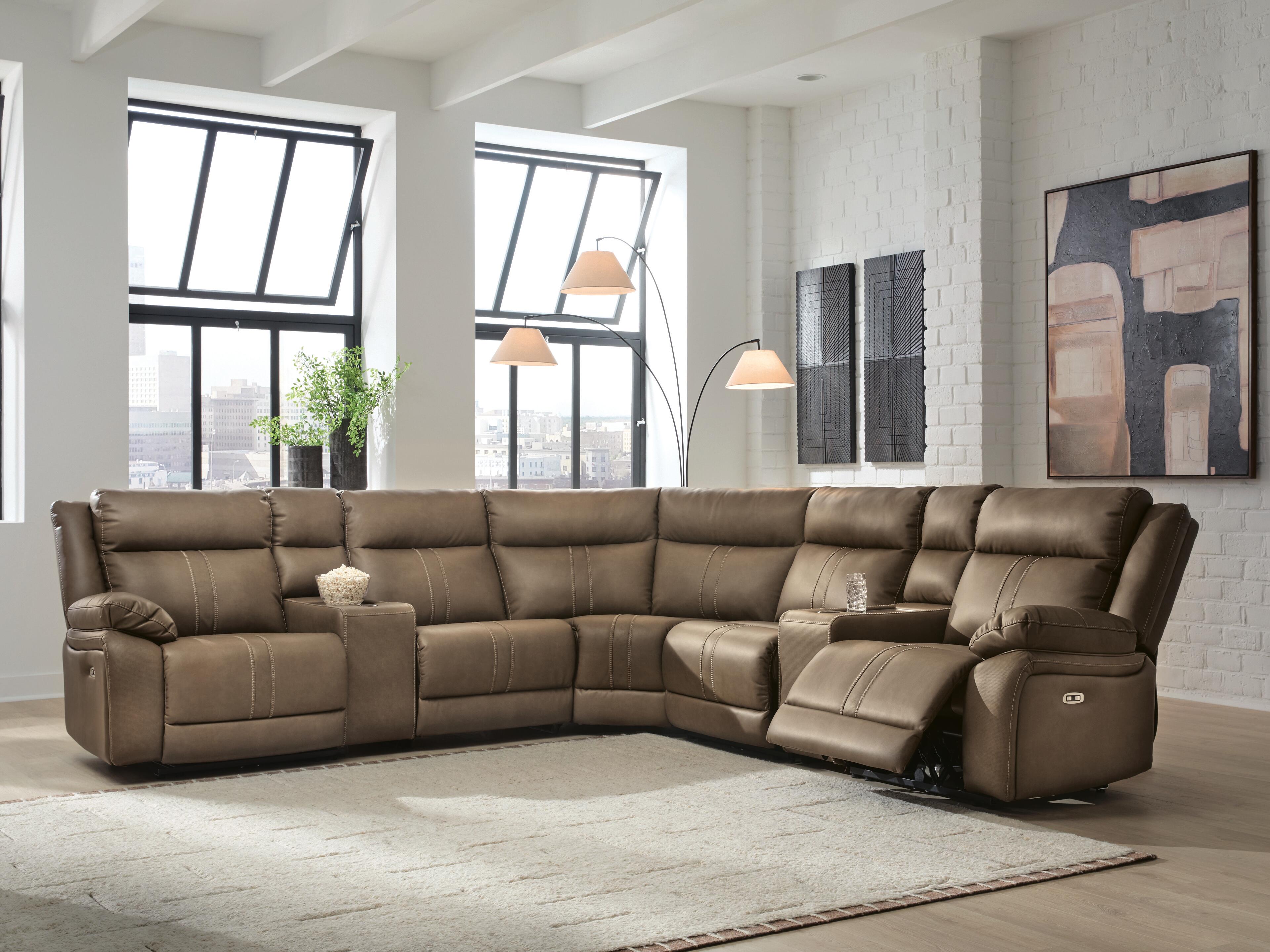 Max-Momentum 7-Piece Power Reclining Sectional w/ Audio Consoles in Biscotti