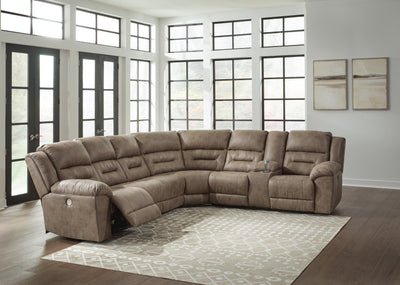 Ravenel 4-Piece Power Reclining Sectional with Console in Fossil Faux Leather