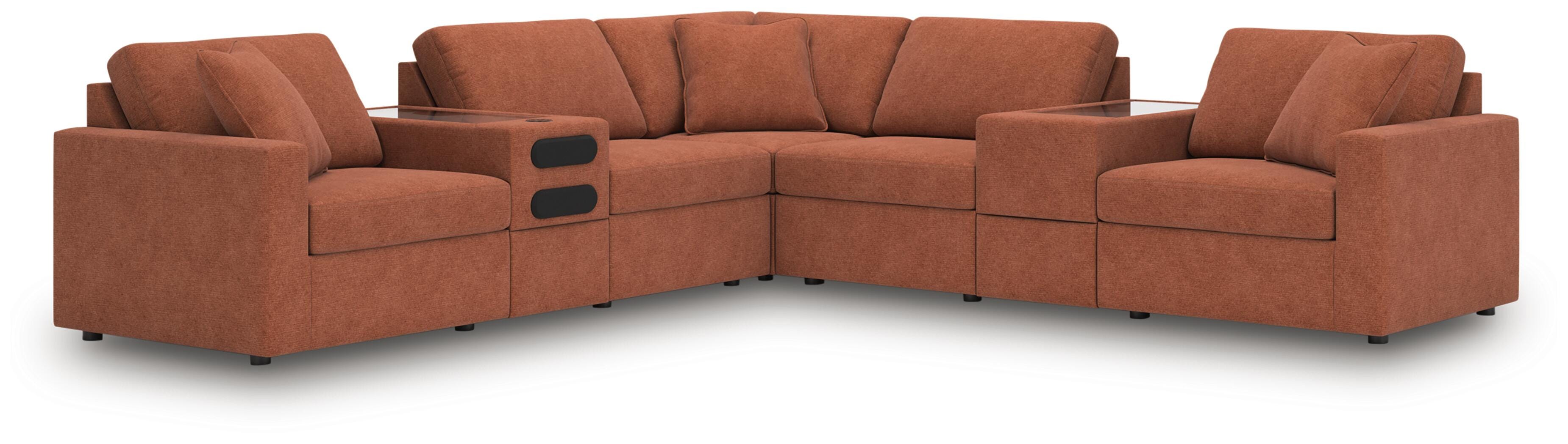 Modmax 7-Piece Balanced Sectional with Audio and Storage Consoles in Spice Performance Fabric and Next-Gen Nuvella