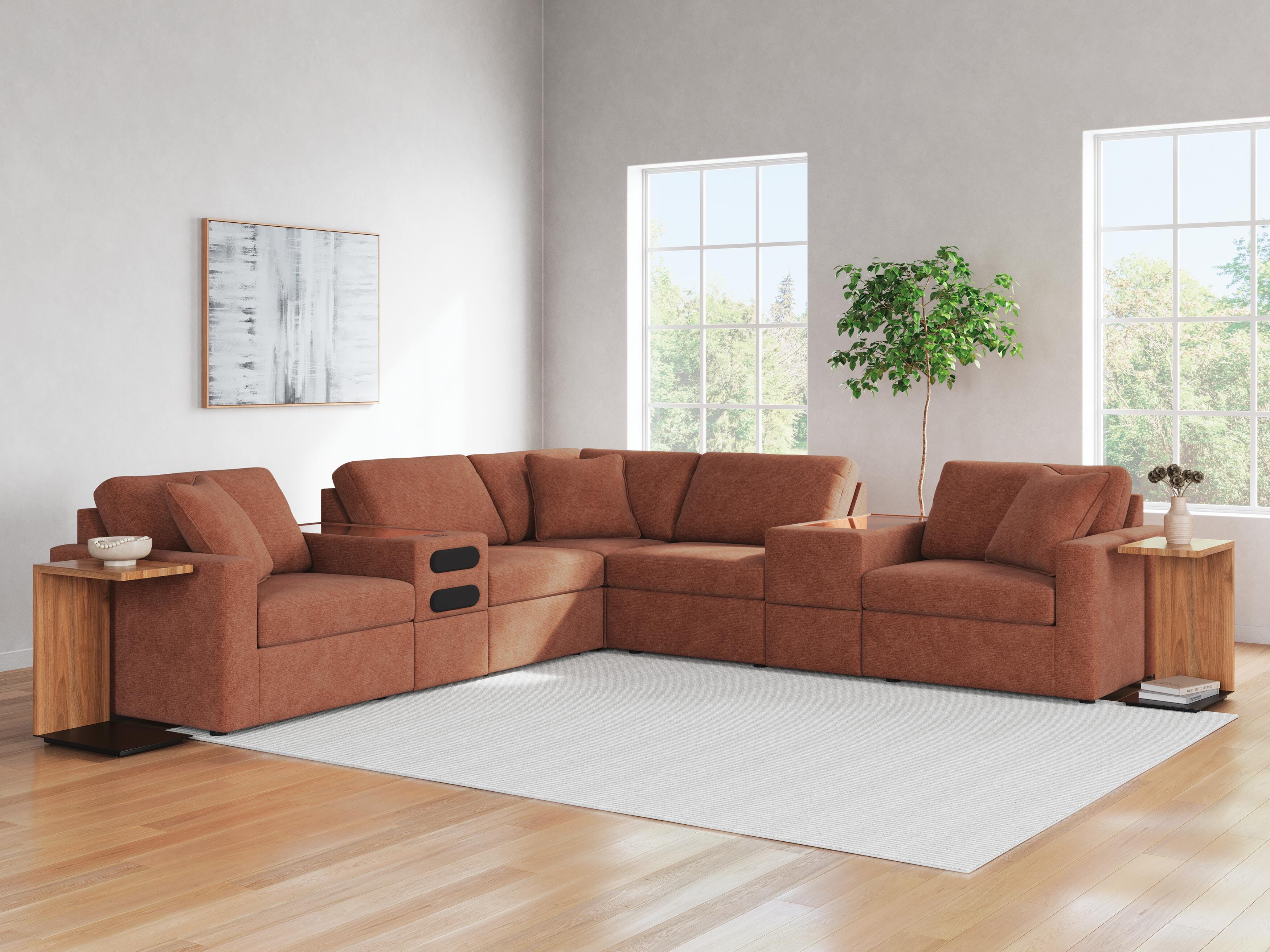 Modmax 7-Piece Balanced Sectional with Audio and Storage Consoles in Spice Performance Fabric and Next-Gen Nuvella