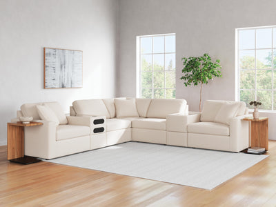 Modmax 7-Piece Balanced Sectional with Audio and Storage Consoles in Oyster Performance Fabric and Next-Gen Nuvella