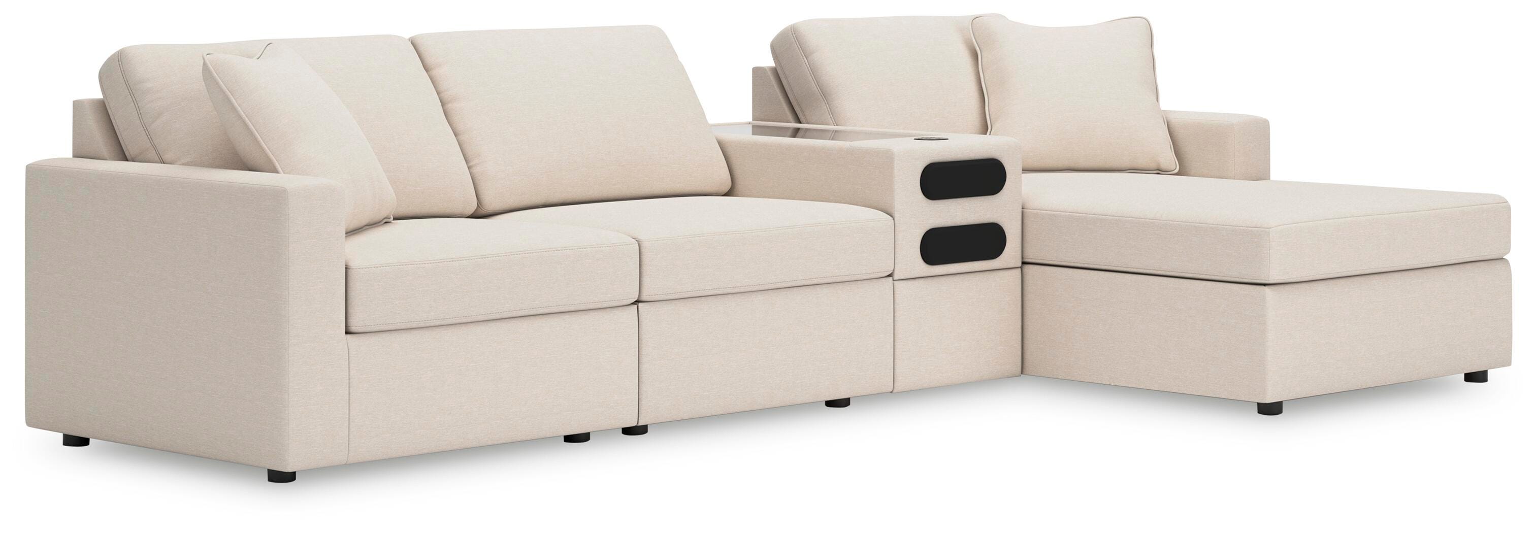 Modmax 4-Piece RAF Chaise Sectional and Audio Console in Oyster Performance Fabric and Next-Gen Nuvella