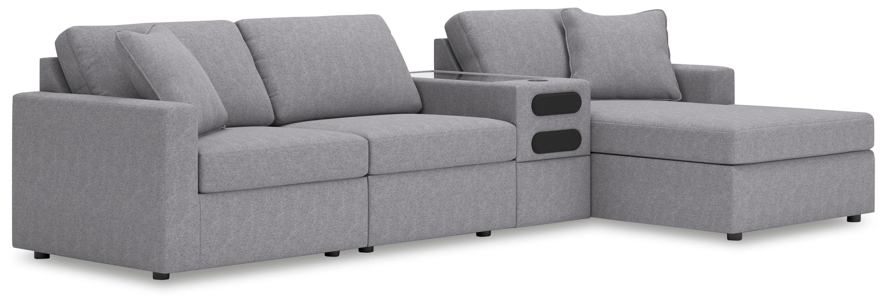 Modmax 4-Piece RAF Chaise Sectional and Audio Console in Granite Performance Fabric and Next-Gen Nuvella