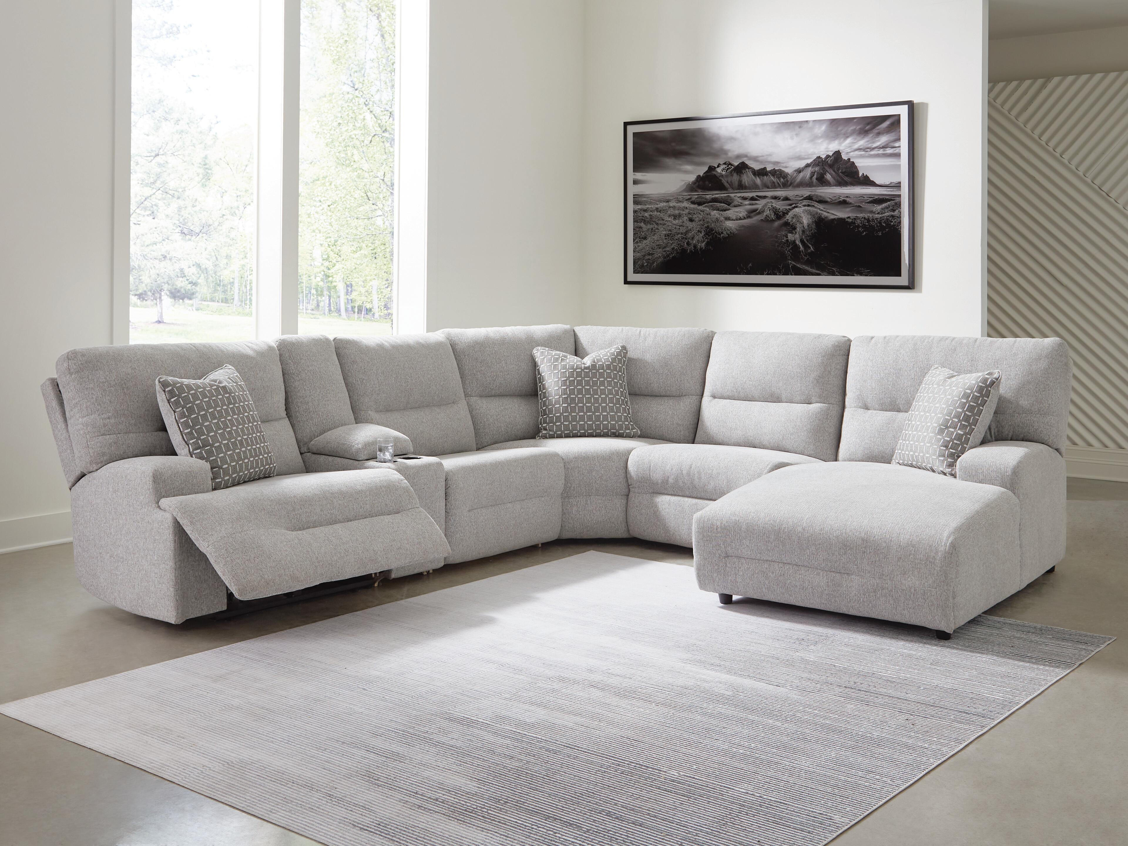 Acklen Place 6-Piece RAF Chaise Power Reclining Sectional in Pewter Performance Fabric and Next-Gen Nuvella