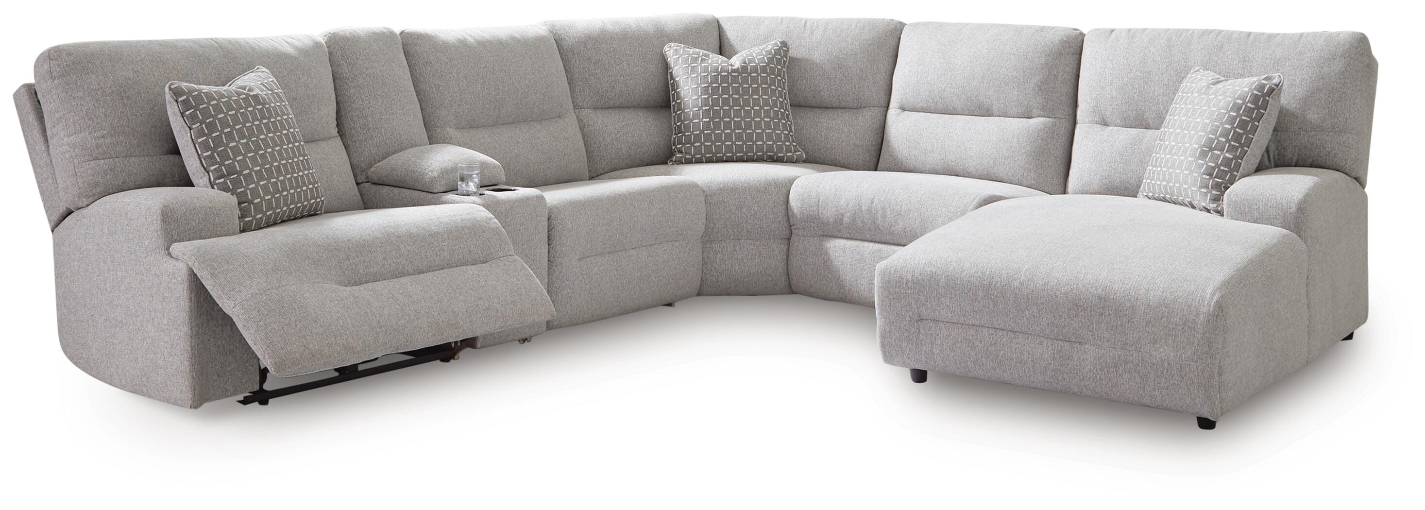 Acklen Place 6-Piece RAF Chaise Power Reclining Sectional in Pewter Performance Fabric and Next-Gen Nuvella