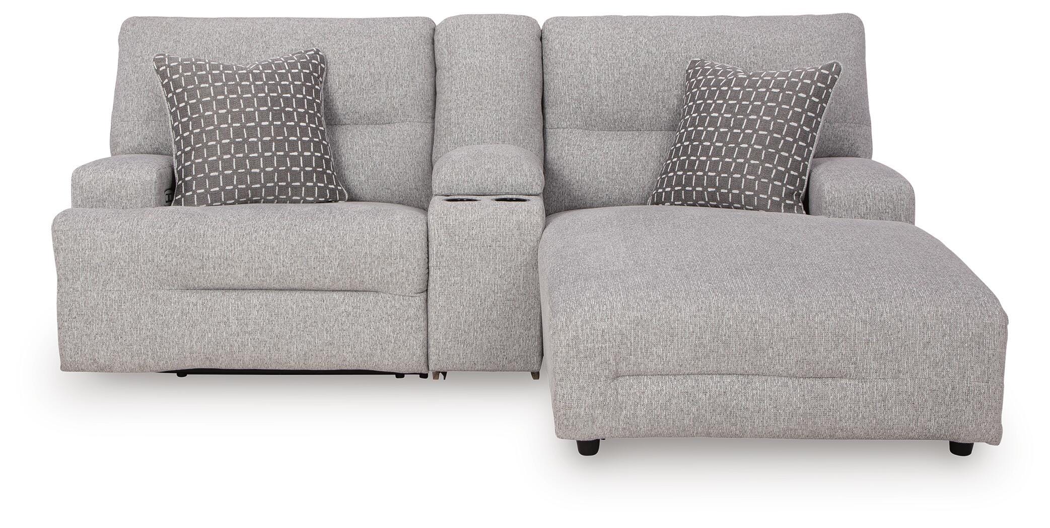 Acklen Place 3-Piece RAF Chaise Power Reclining Sectional Sofa in Pewter Performance Fabric and Next-Gen Nuvella
