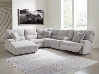 Acklen Place 6-Piece LAF Chaise Power Reclining Sectional in Pewter Performance Fabric and Next-Gen Nuvella