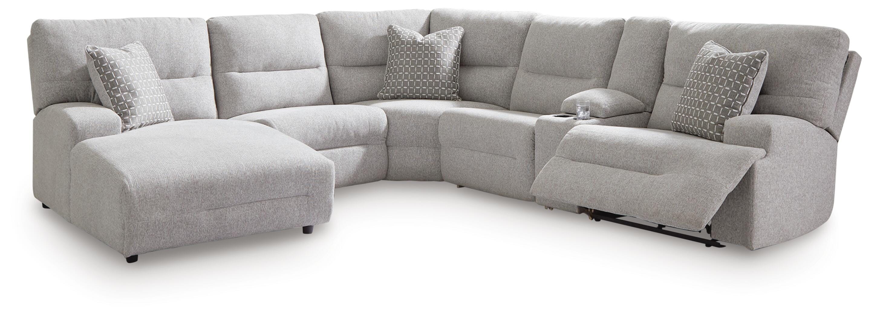 Acklen Place 6-Piece LAF Chaise Power Reclining Sectional in Pewter Performance Fabric and Next-Gen Nuvella