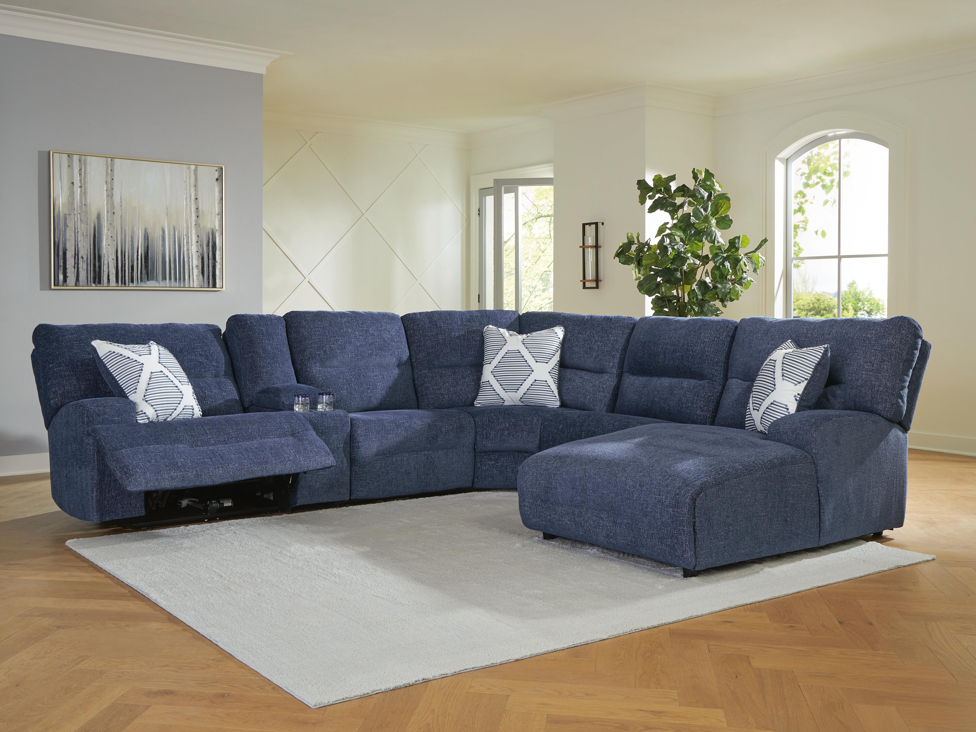 Acklen Place 6-Piece RAF Chaise Power Reclining Sectional in Navy Performance Fabric and Next-Gen Nuvella