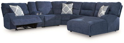 Acklen Place 6-Piece RAF Chaise Power Reclining Sectional in Navy Performance Fabric and Next-Gen Nuvella