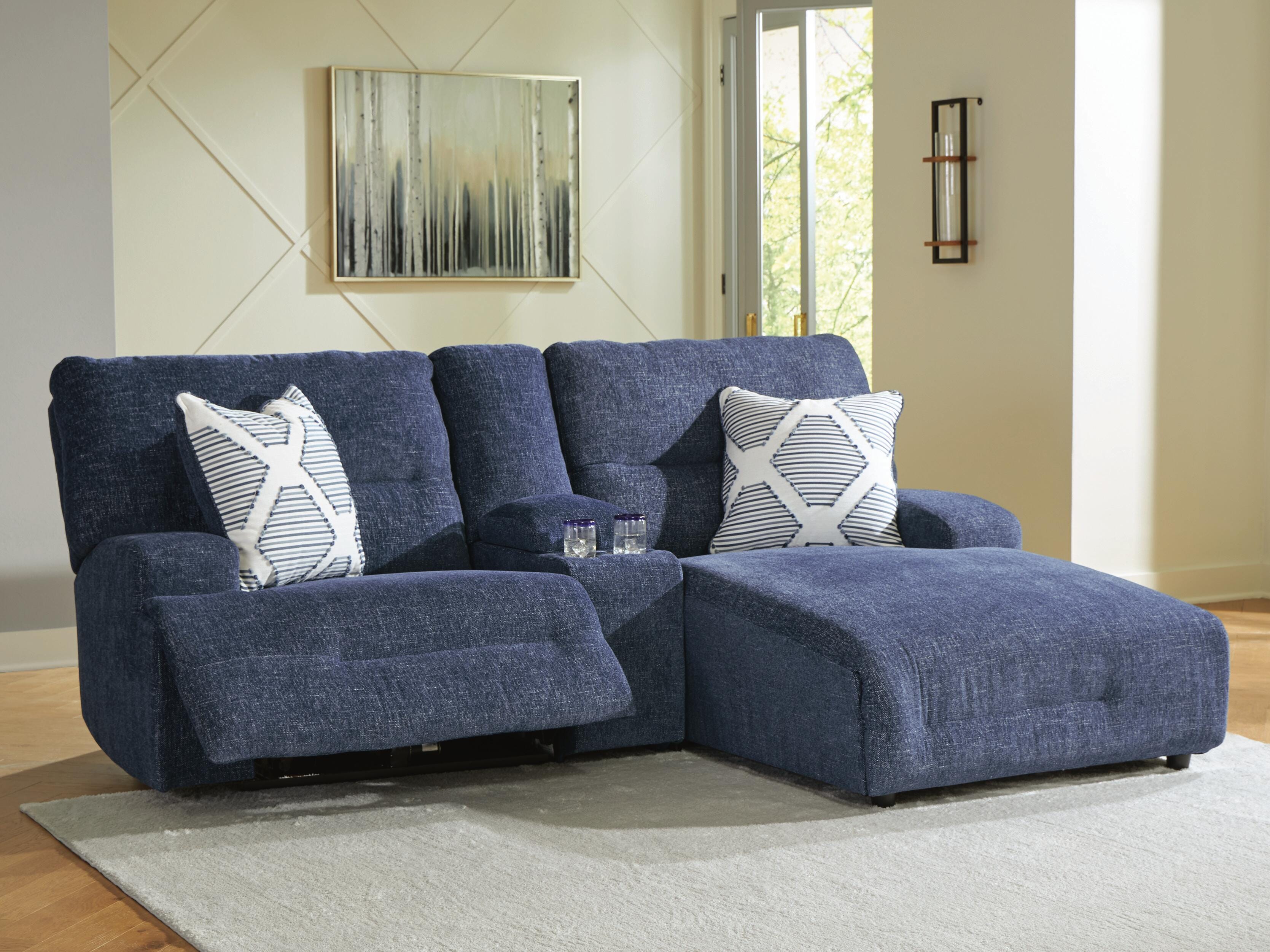 Acklen Place 3-Piece RAF Chaise Power Reclining Sectional Sofa in Navy Performance Fabric and Next-Gen Nuvella