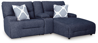 Acklen Place 3-Piece RAF Chaise Power Reclining Sectional Sofa in Navy Performance Fabric and Next-Gen Nuvella