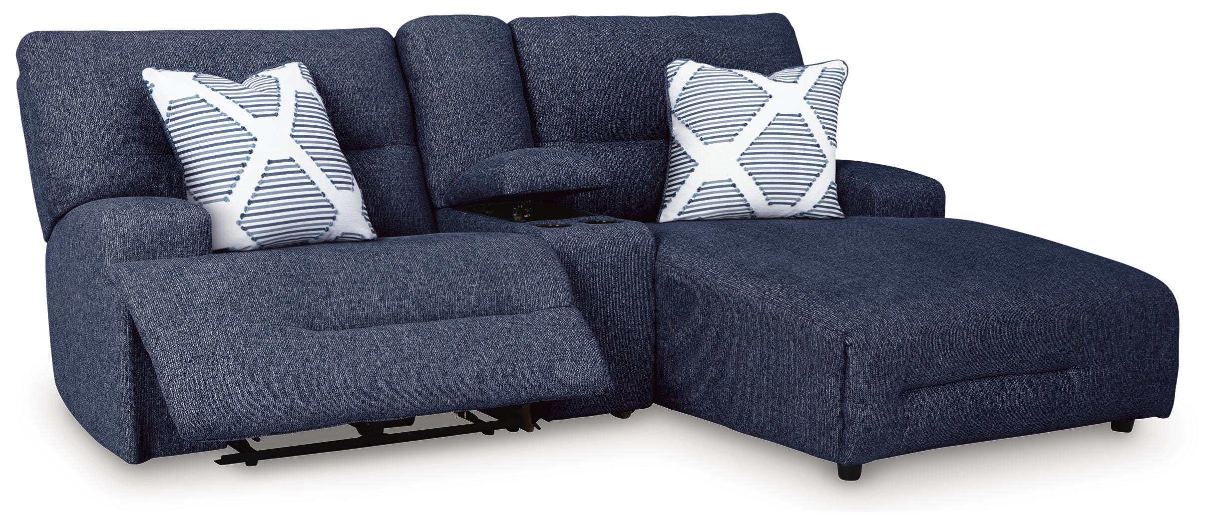 Acklen Place 3-Piece RAF Chaise Power Reclining Sectional Sofa in Navy Performance Fabric and Next-Gen Nuvella