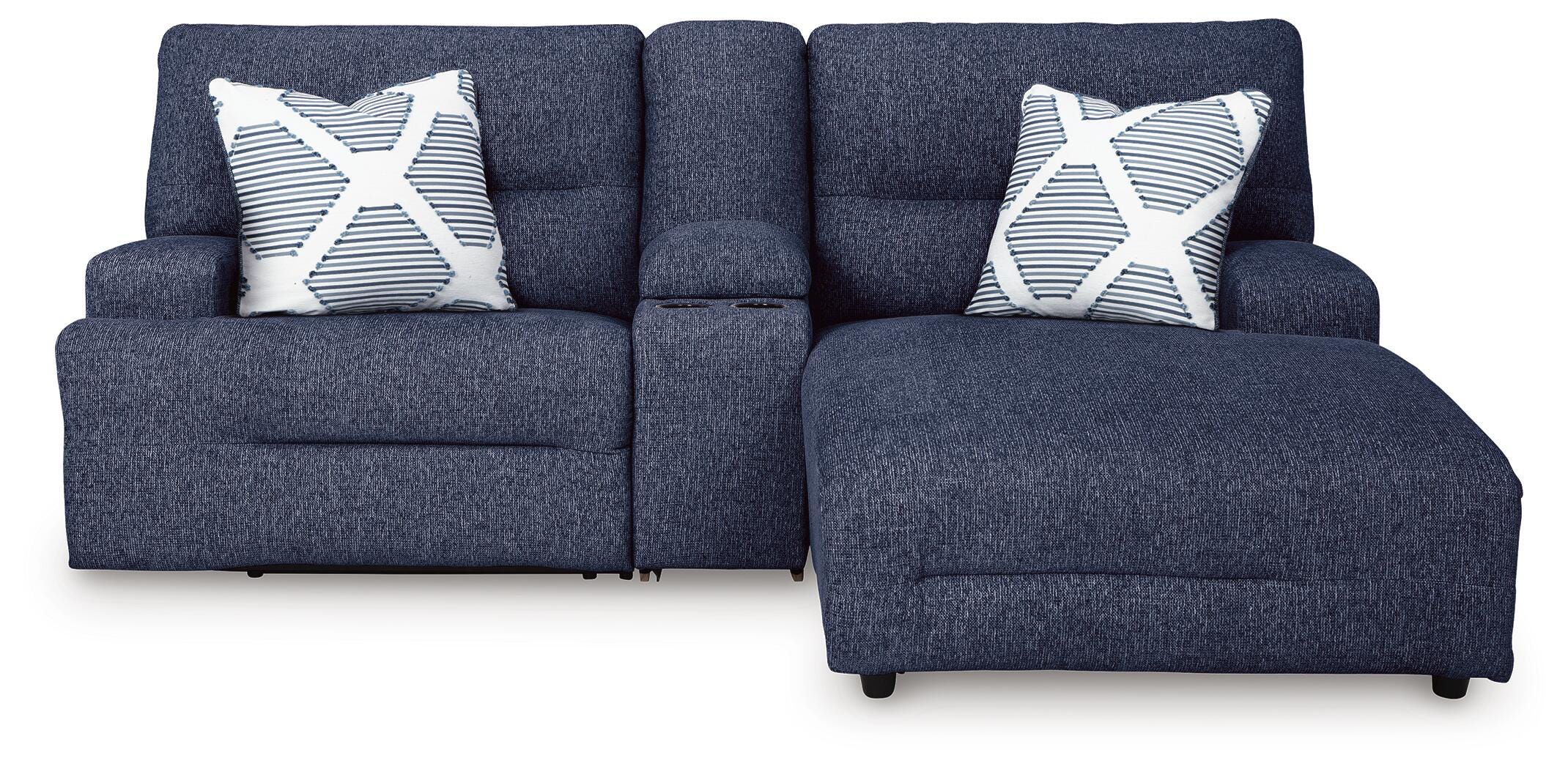 Acklen Place 3-Piece RAF Chaise Power Reclining Sectional Sofa in Navy Performance Fabric and Next-Gen Nuvella