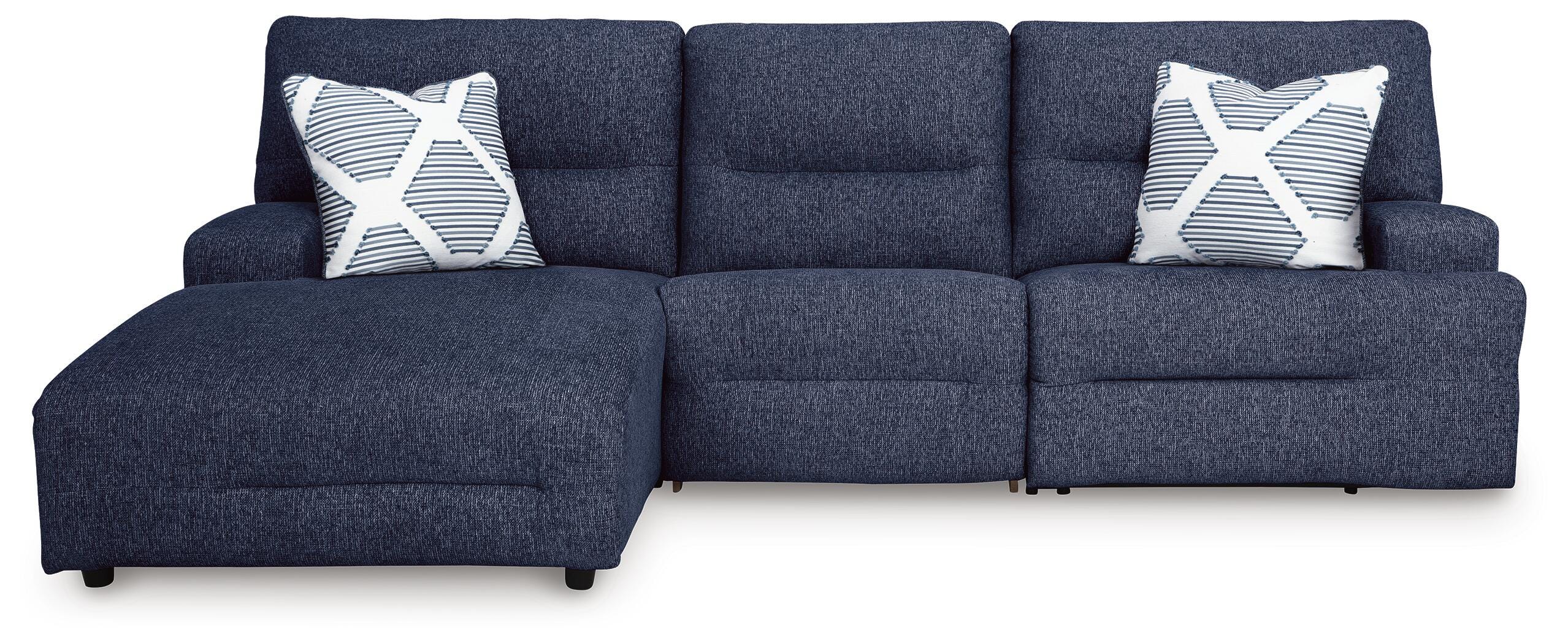 Acklen Place 3-Piece LAF Chaise Power Reclining Sectional in Navy Performance Fabric and Next-Gen Nuvella