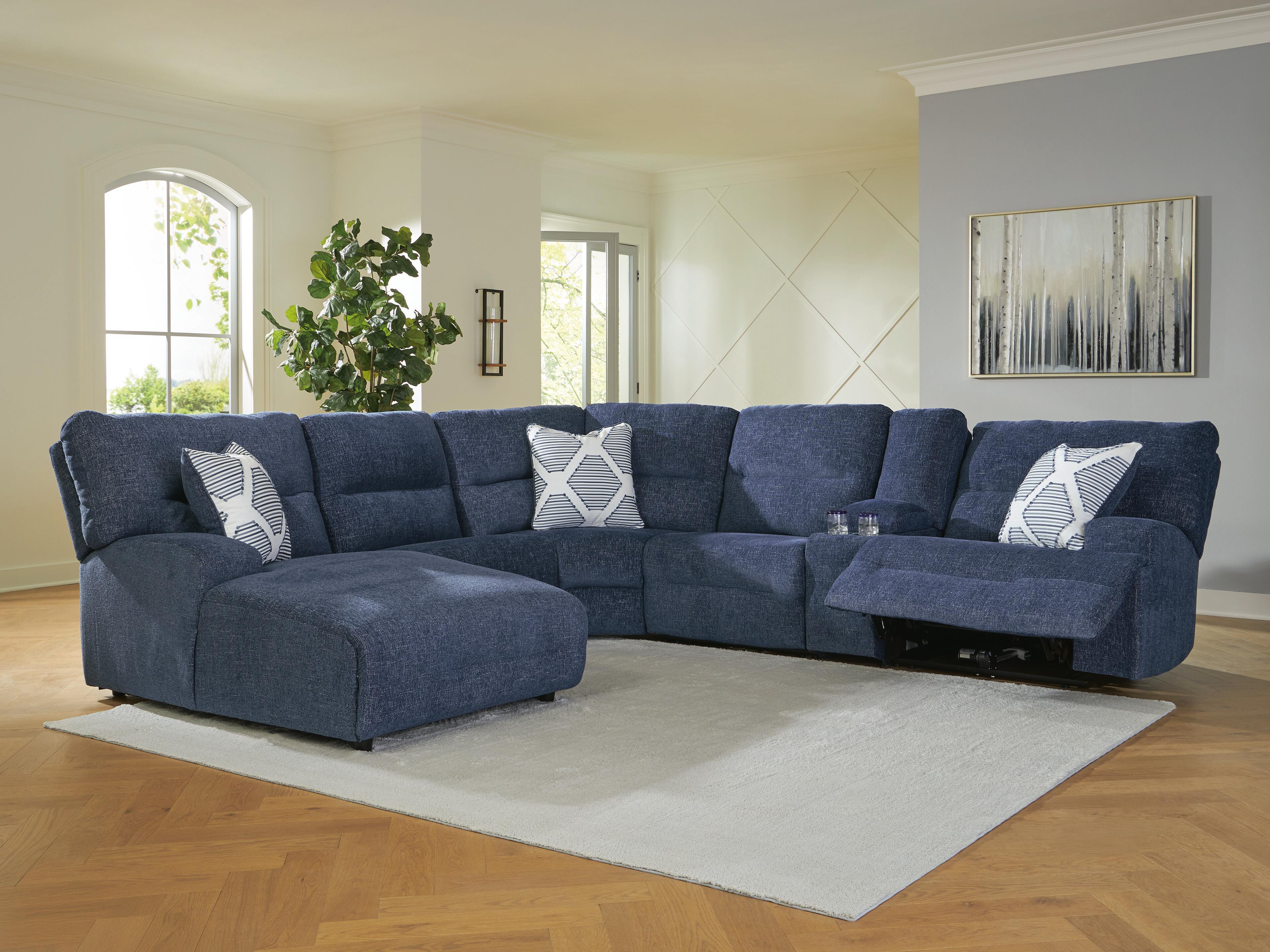 Acklen Place 6-Piece LAF Chaise Power Reclining Sectional in Navy Performance Fabric and Next-Gen Nuvella