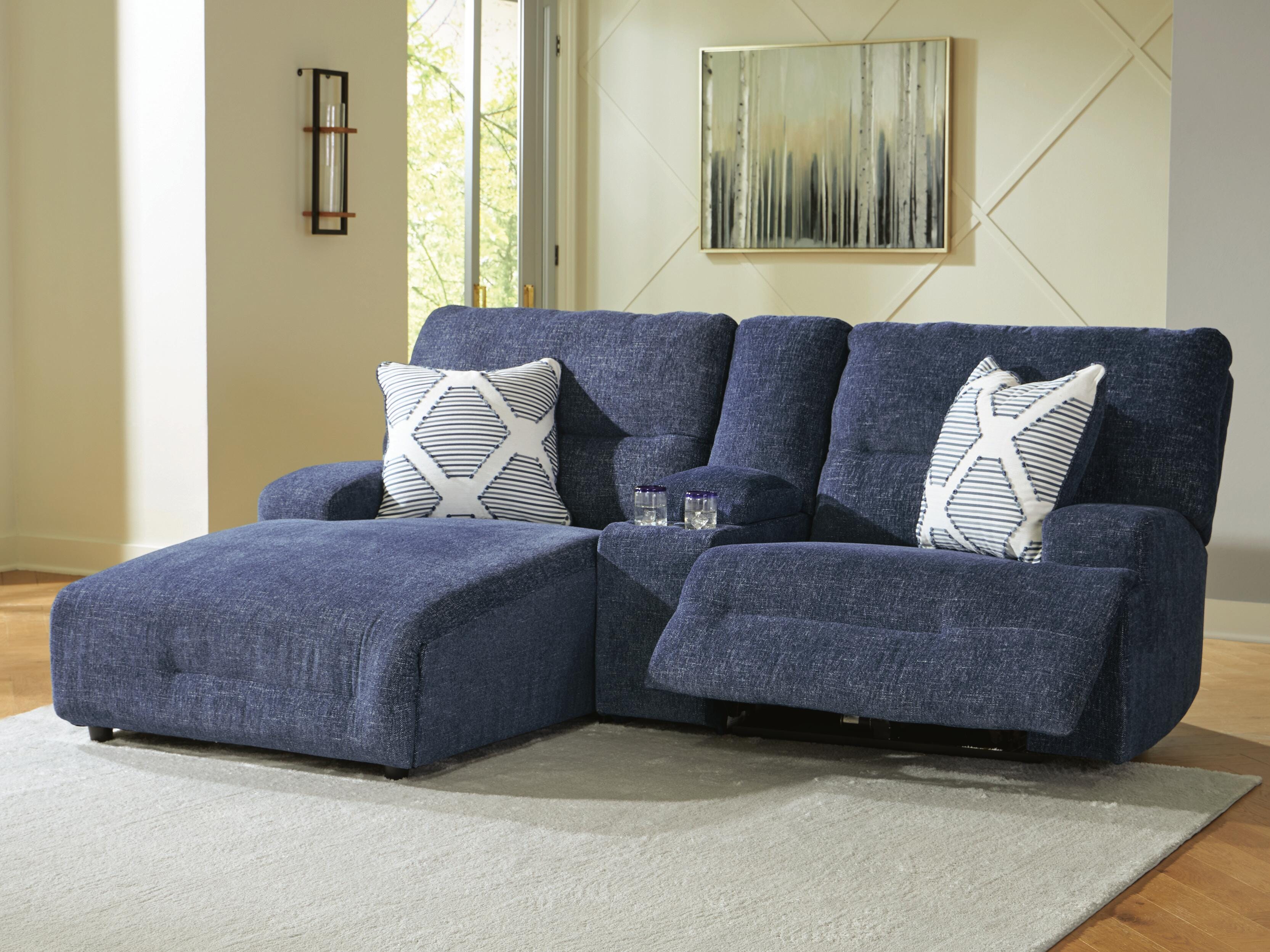Acklen Place 3-Piece LAF Chaise Power Reclining Sectional Sofa in Navy Performance Fabric and Next-Gen Nuvella