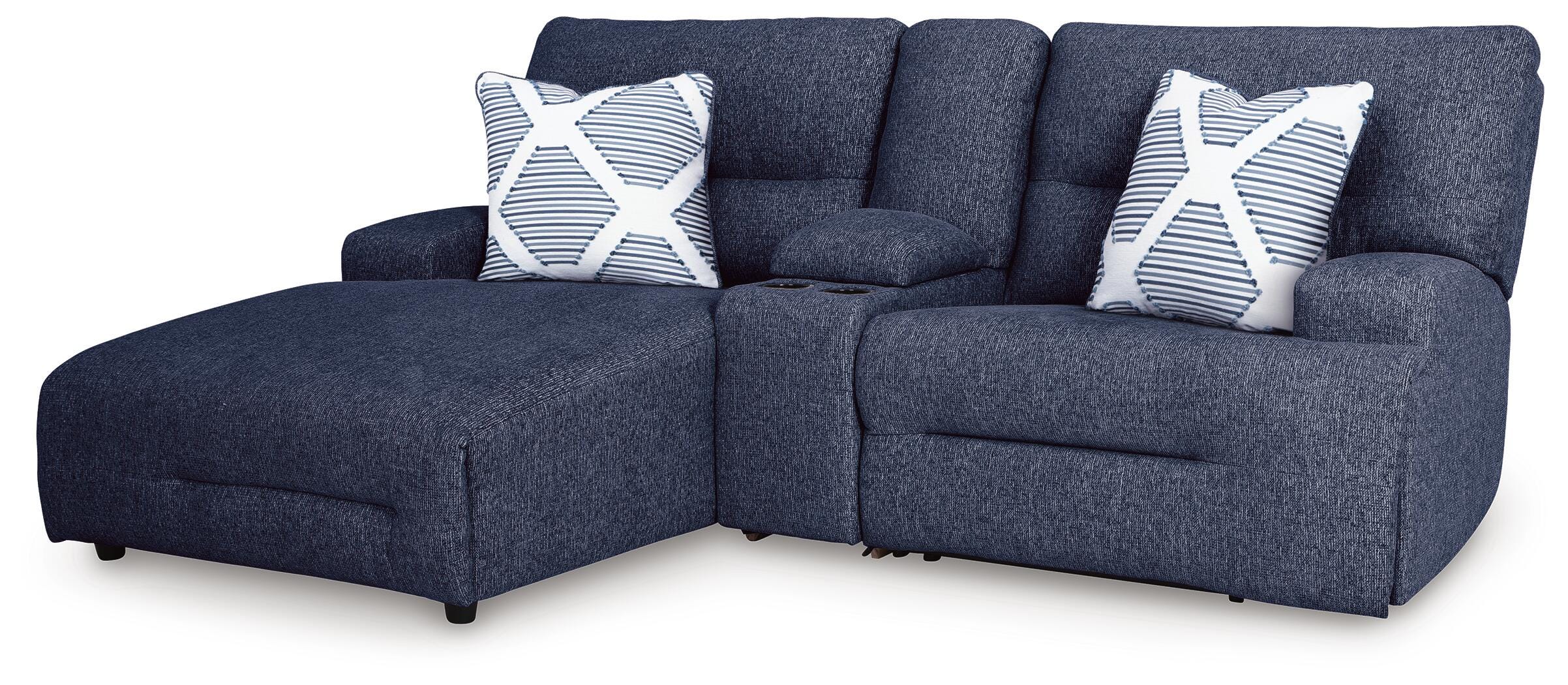 Acklen Place 3-Piece LAF Chaise Power Reclining Sectional Sofa in Navy Performance Fabric and Next-Gen Nuvella