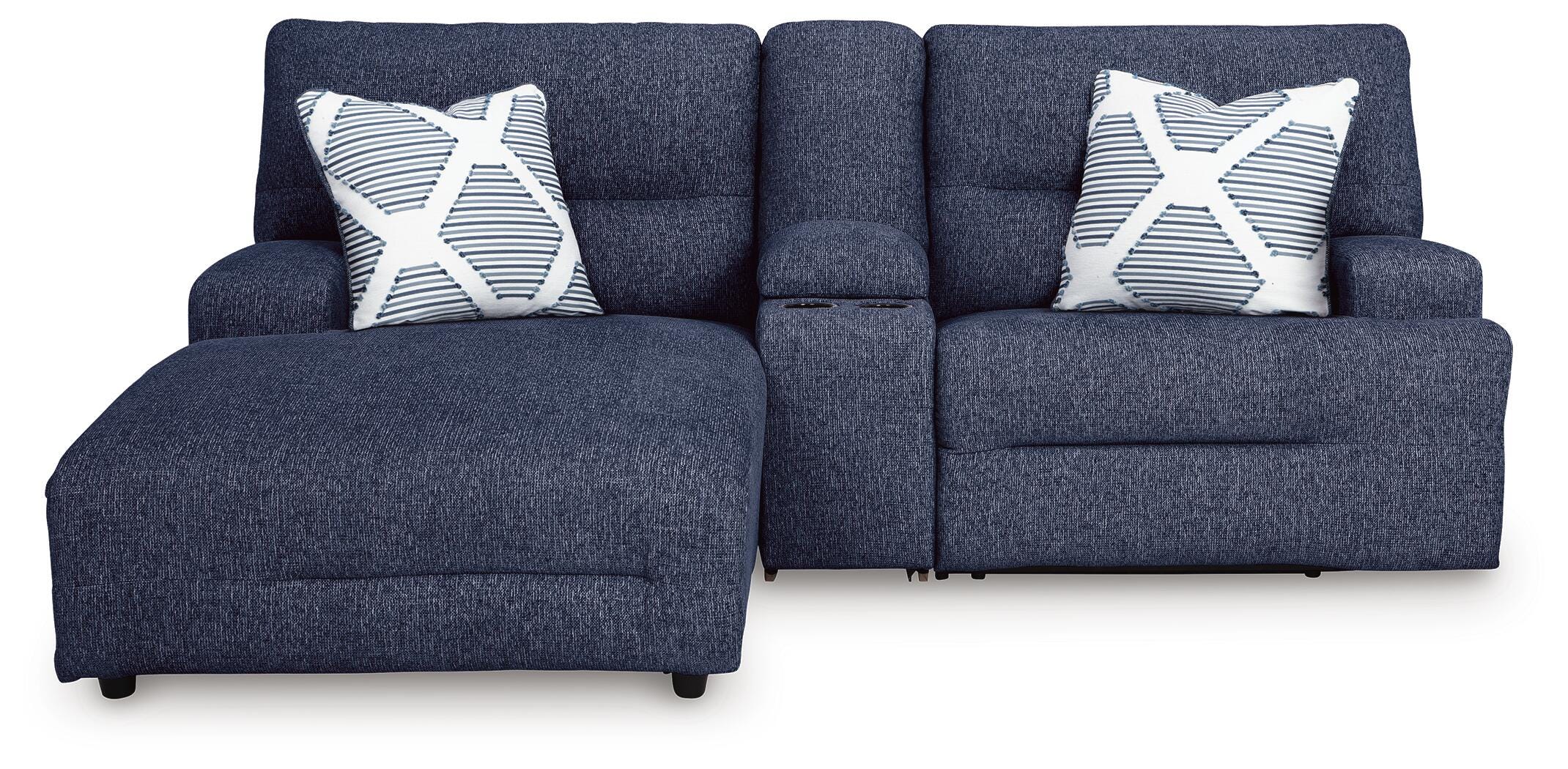 Acklen Place 3-Piece LAF Chaise Power Reclining Sectional Sofa in Navy Performance Fabric and Next-Gen Nuvella